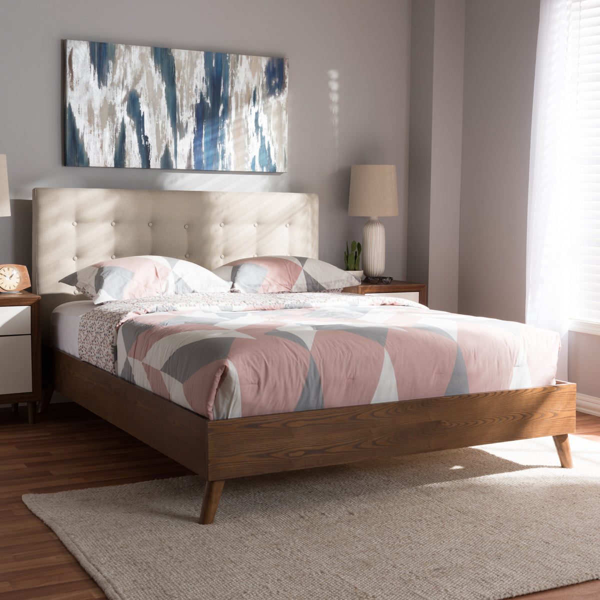 Alinia Mid-century Retro Modern Light Beige Fabric Upholstered Walnut Wood King Size Platform Bed