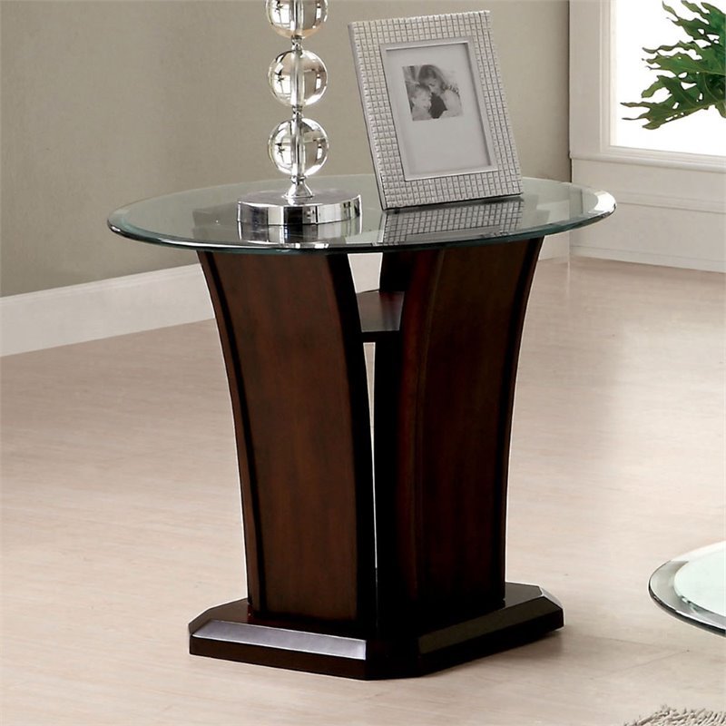 Jillyn Contemporary Glass Top End Table in Brown Cherry