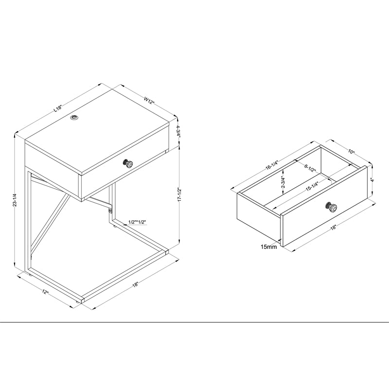 Kylie End Table with USB Port in Light Gray