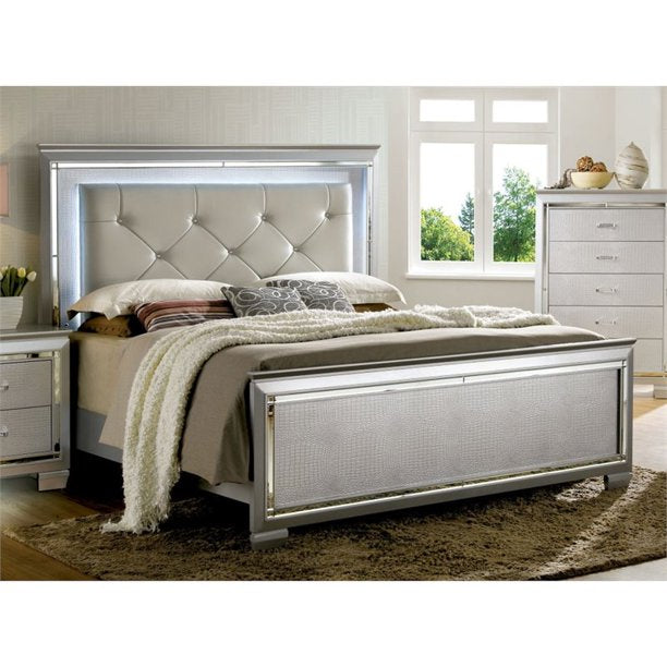 Balitoria Contemporary Faux Leather Queen Panel Bed in Silver