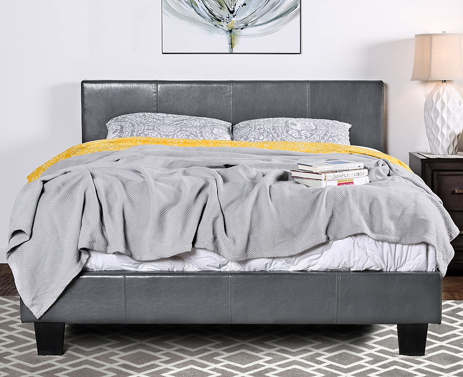 Ameena Contemporary Faux Leather Queen Platform Bed in Gray