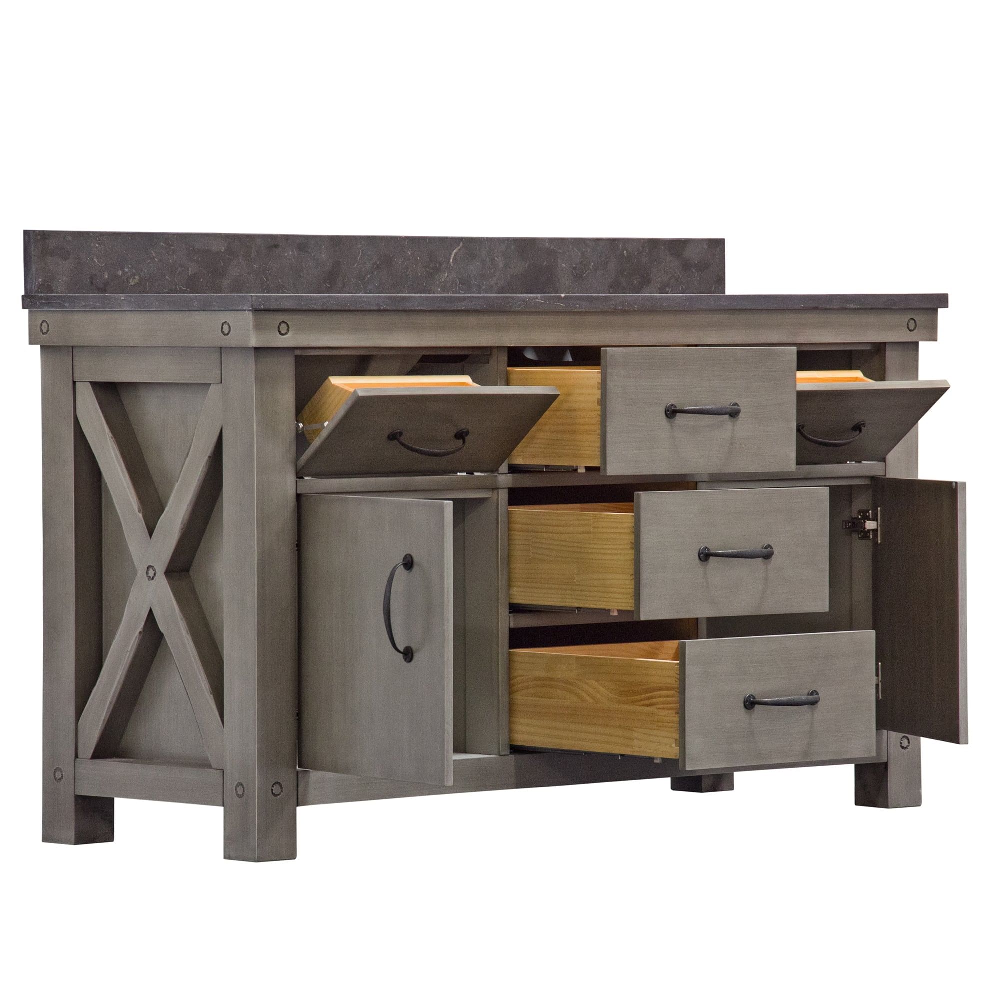 60 Inch Grizzle Grey Double Sink Bathroom Vanity With Mirror And Faucets With Blue Limestone Counter Top