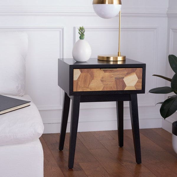 Nilo 1 Drawer Natural Rattan Side Accent Table with Hexagon Pattern | Black