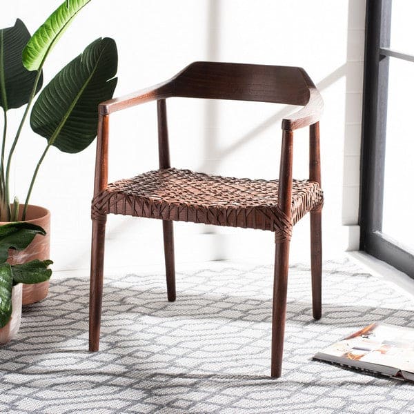Munro Leather Woven Modern Mid-Century Design Accent Chair | Walnut