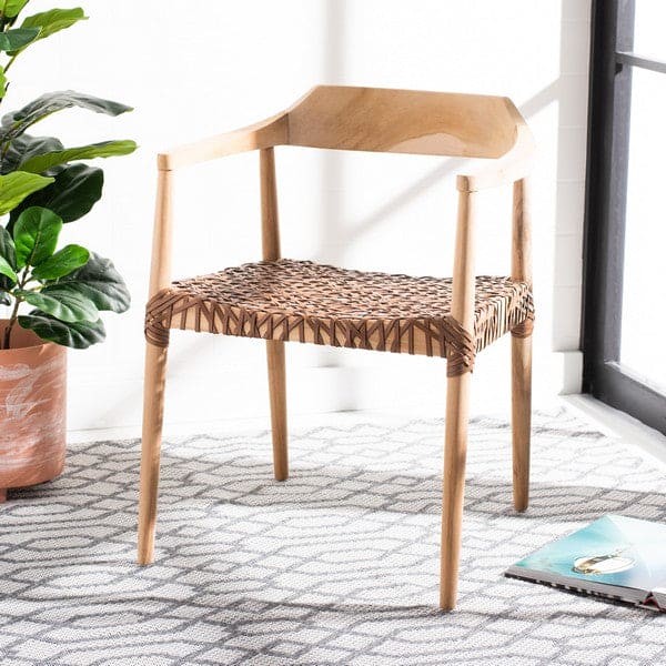 Munro Mid-Century Modern Style Leather Woven Accent Chair | Natural