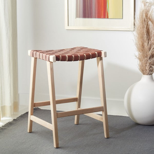 Abreu Rectangle Counter Stool - Natural Sungkai Wood & Cognac Leather