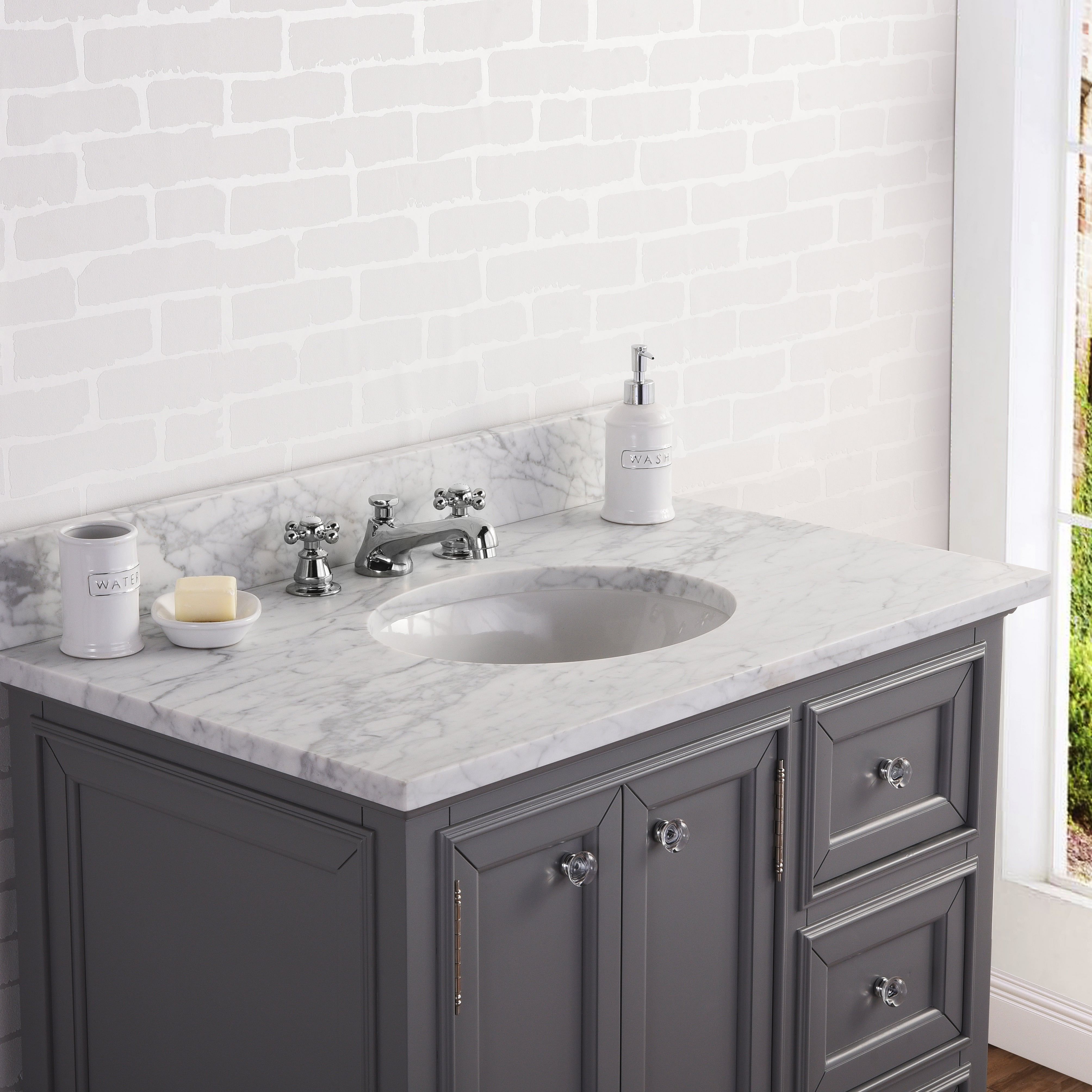 36 Inch Wide Cashmere Grey Single Sink Carrara Marble Bathroom Vanity With Matching Mirror