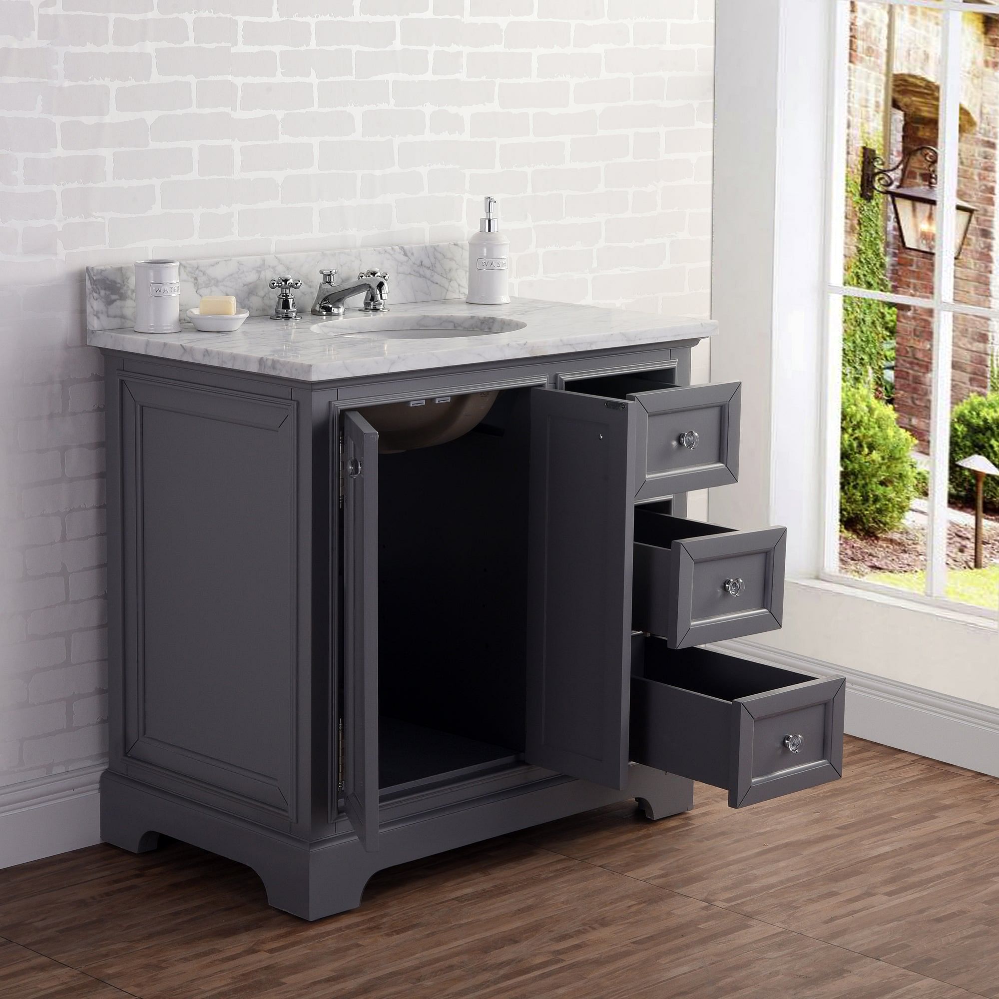 36 Inch Wide Cashmere Grey Single Sink Carrara Marble Bathroom Vanity With Matching Mirror