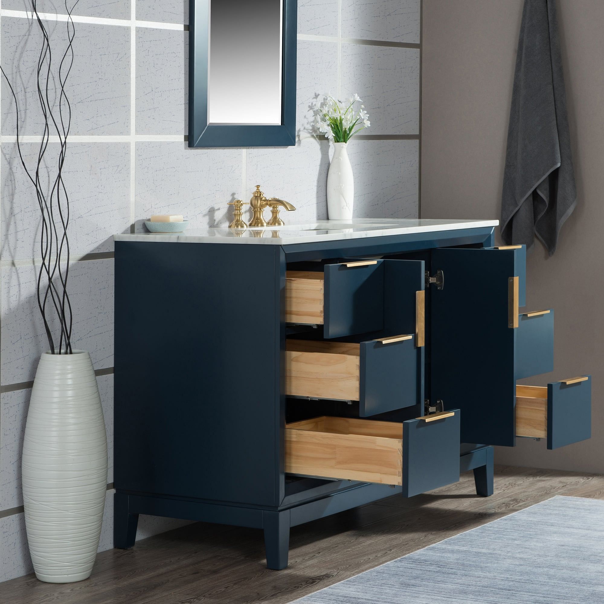 Elizabeth 48-Inch Single Sink Carrara White Marble Vanity In Monarch Blue  With Faucet(s)