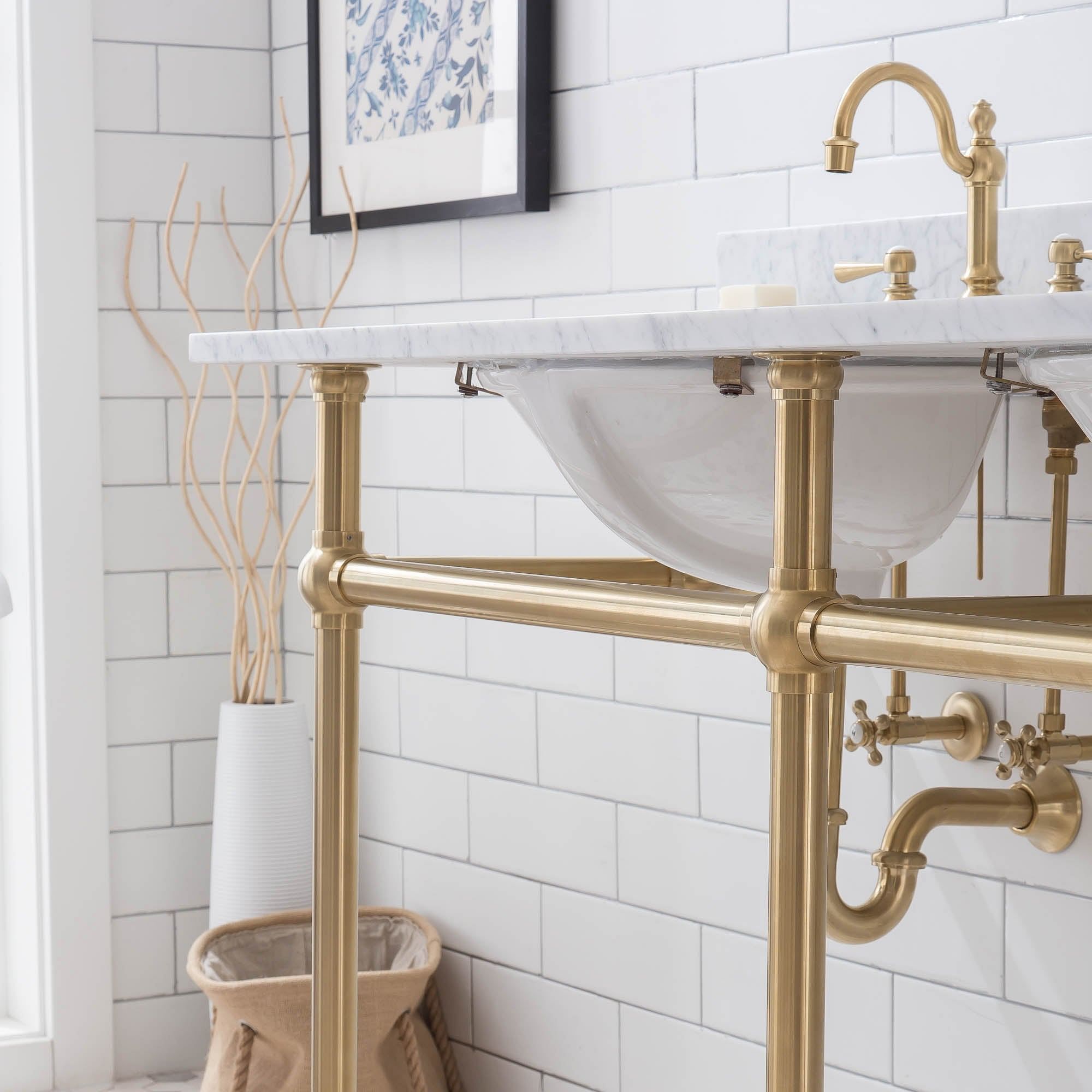 Embassy 60 Inch Wide Double Wash Stand and P-Trap included in Satin Gold Finish