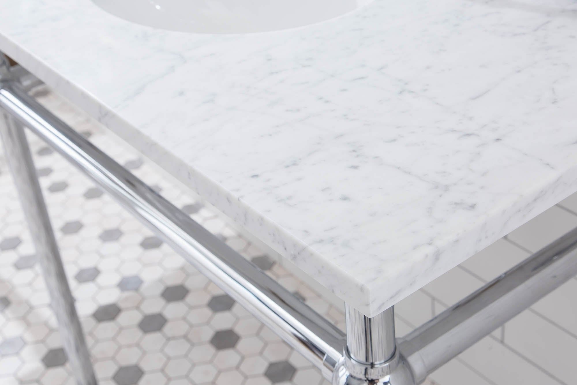 Embassy 72 Inch Wide Double Wash Stand, P-Trap, Counter Top with Basin, F2-0013 Faucet and Mirror included in Chrome Finish