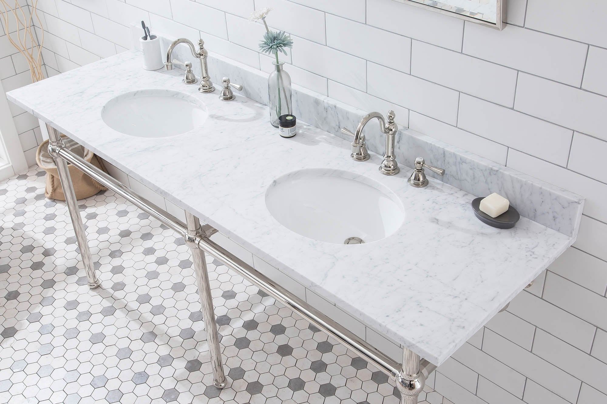 Embassy 72 Inch Wide Double Wash Stand, P-Trap, Counter Top with Basin, and F2-0012 Faucet included in Polished Nickel (PVD) Finish