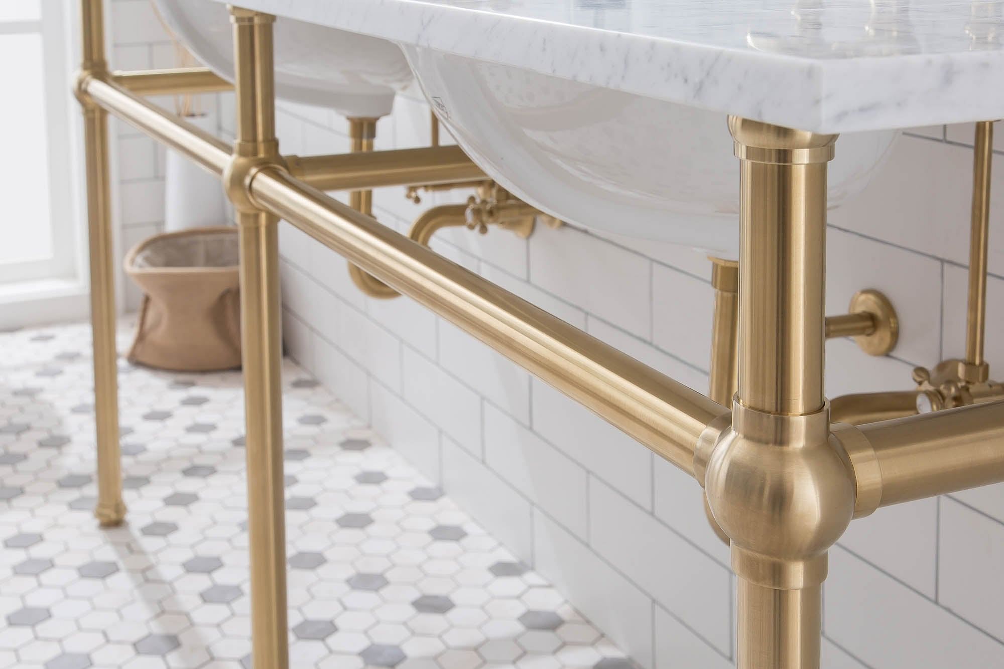Embassy 72 Inch Wide Double Wash Stand, P-Trap, Counter Top with Basin, F2-0013 Faucet and Mirror included in Satin Gold Finish