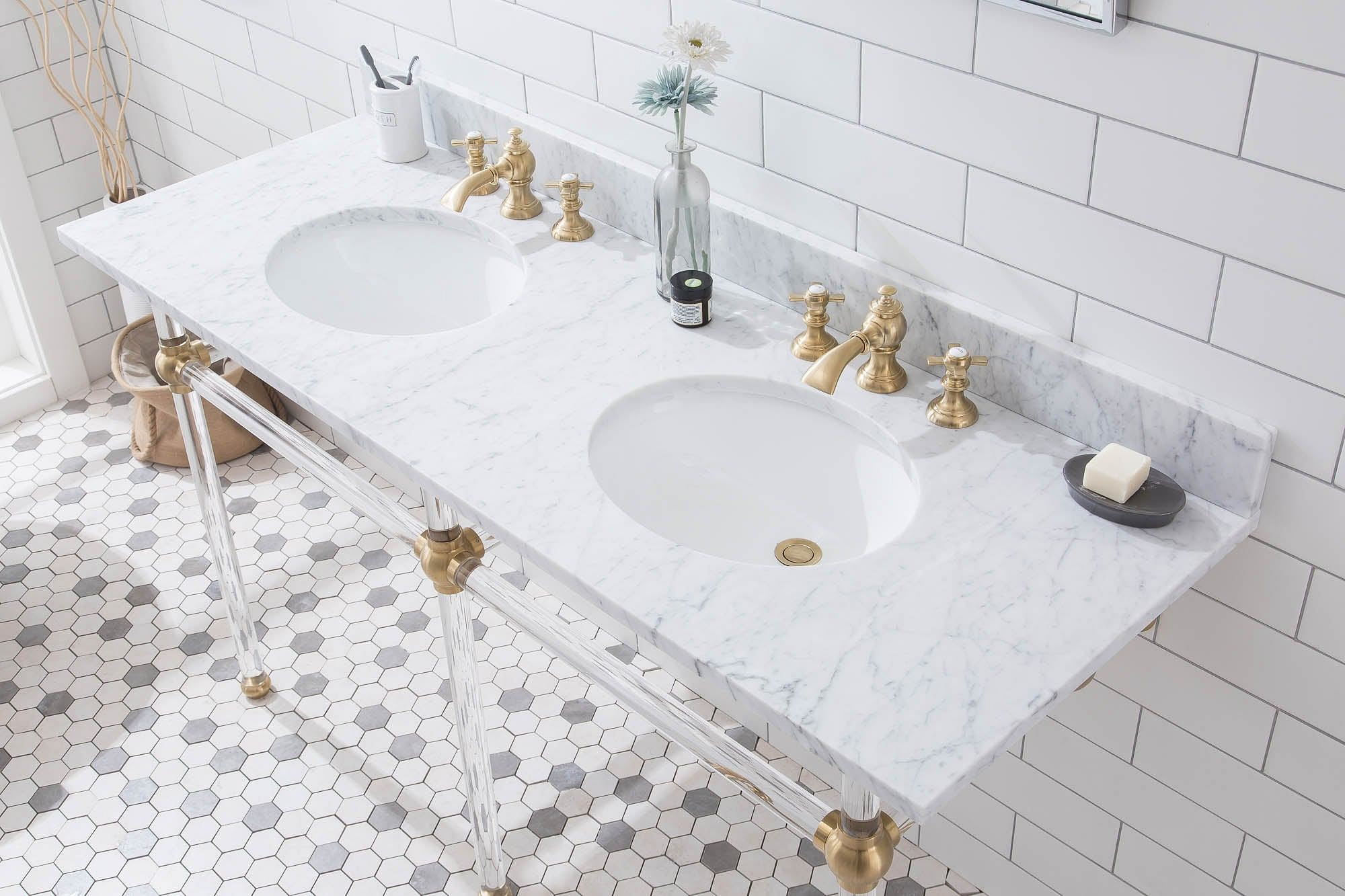 Empire 60 Inch Wide Double Wash Stand, P-Trap, Counter Top with Basin, and Faucet included in Satin Gold Finish