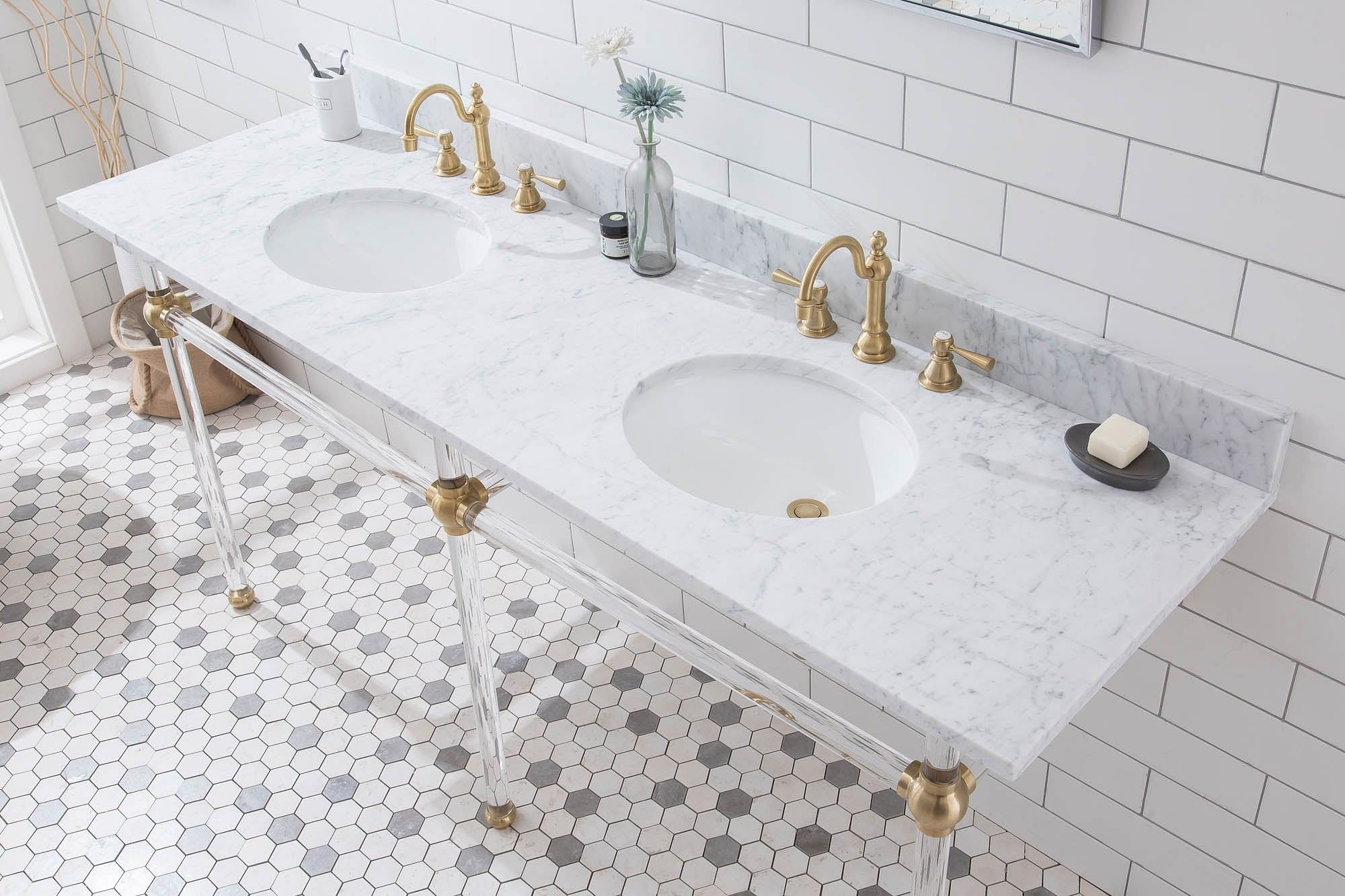 Empire 72 Inch Wide Double Wash Stand, P-Trap, Counter Top with Basin, Faucet and Mirror included in Satin Gold Finish