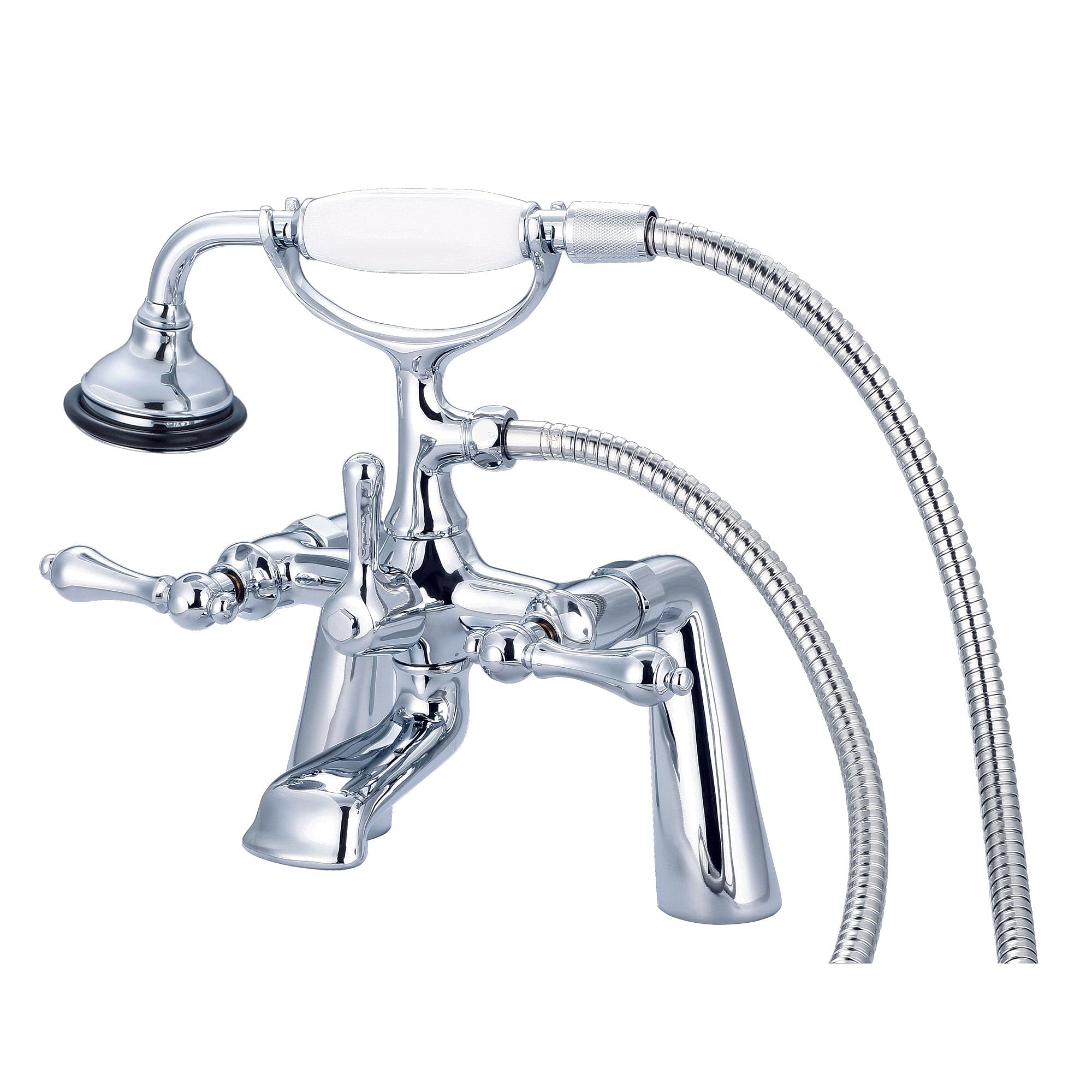 Vintage Classic 7 Inch Spread Deck Mount Tub Faucet With Handheld Shower in Chrome Finish With Metal Lever Handles Without Labels