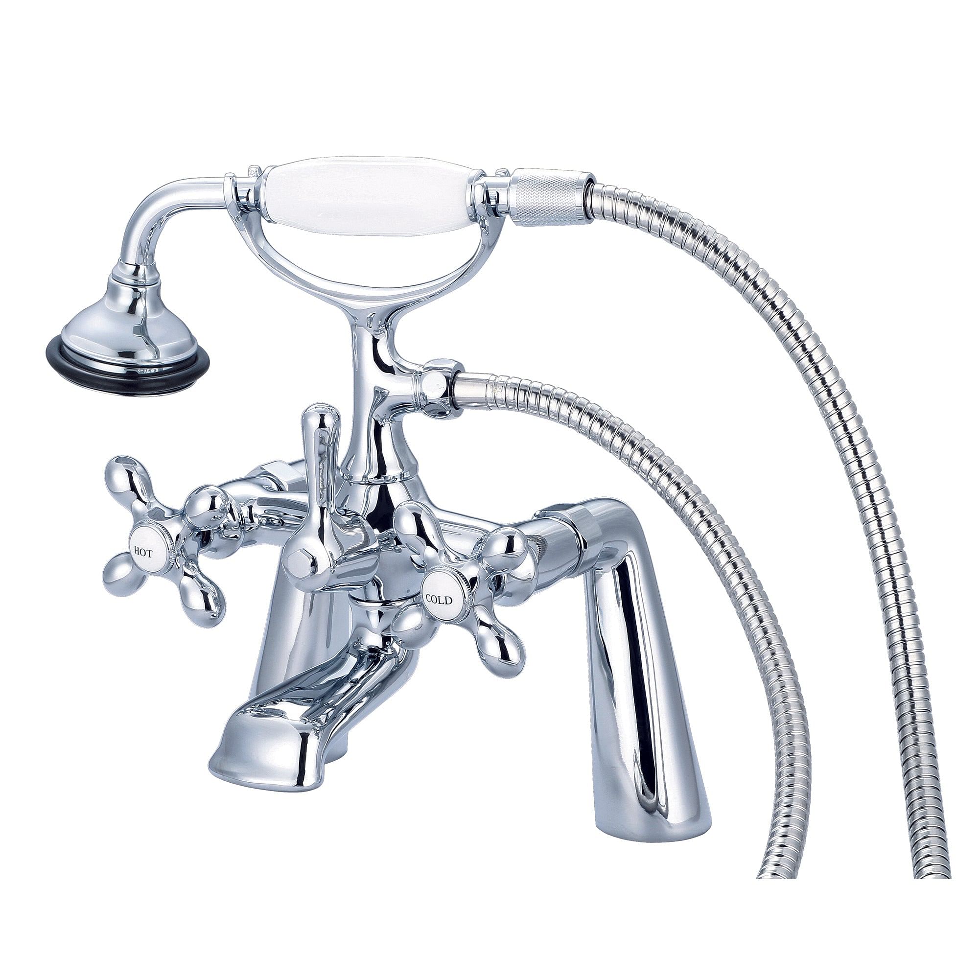 Vintage Classic 7 Inch Spread Deck Mount Tub Faucet With Handheld Shower in Chrome Finish With Metal Lever Handles, Hot And Cold Labels Included