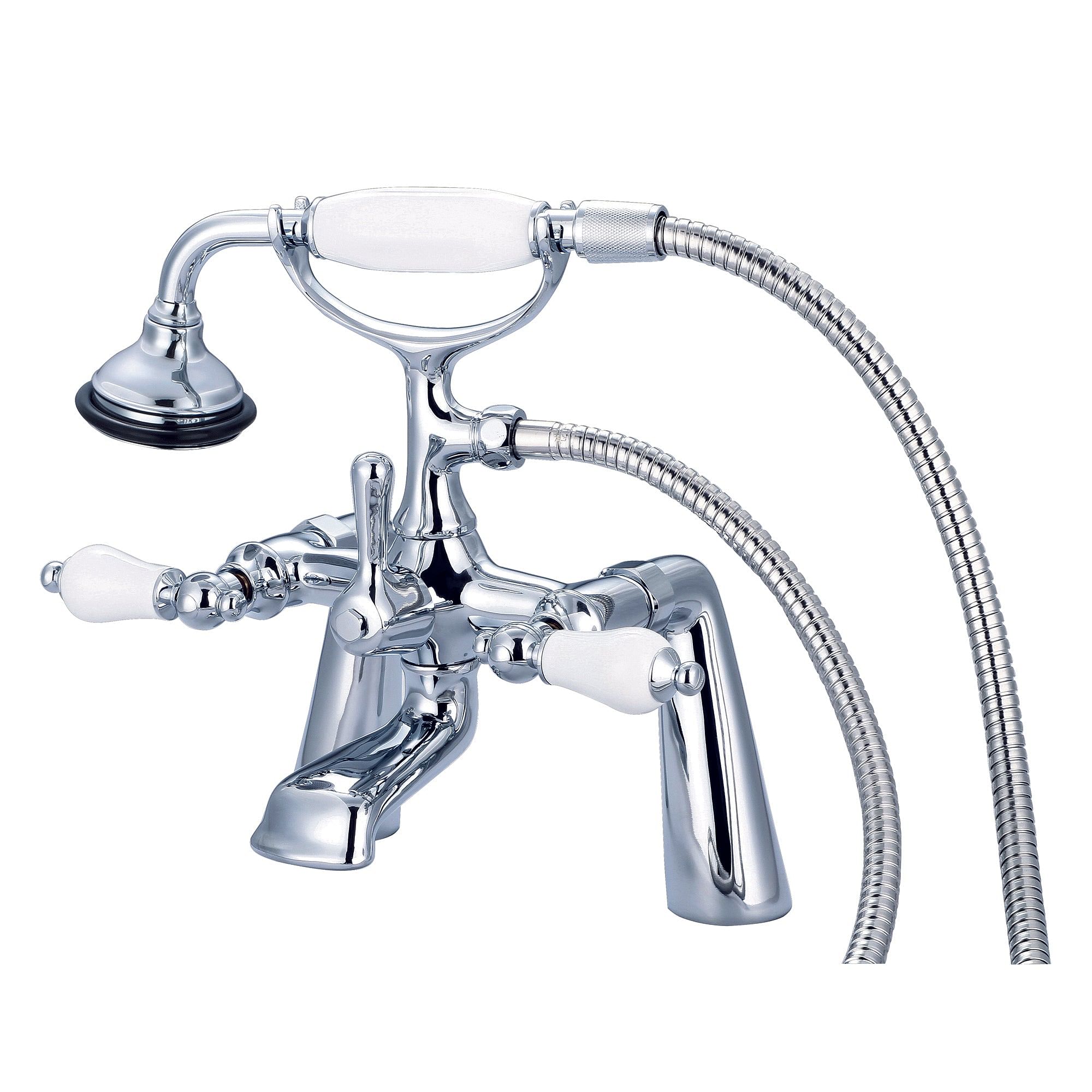 Vintage Classic 7 Inch Spread Deck Mount Tub Faucet With Handheld Shower in Chrome Finish With Porcelain Lever Handles Without labels