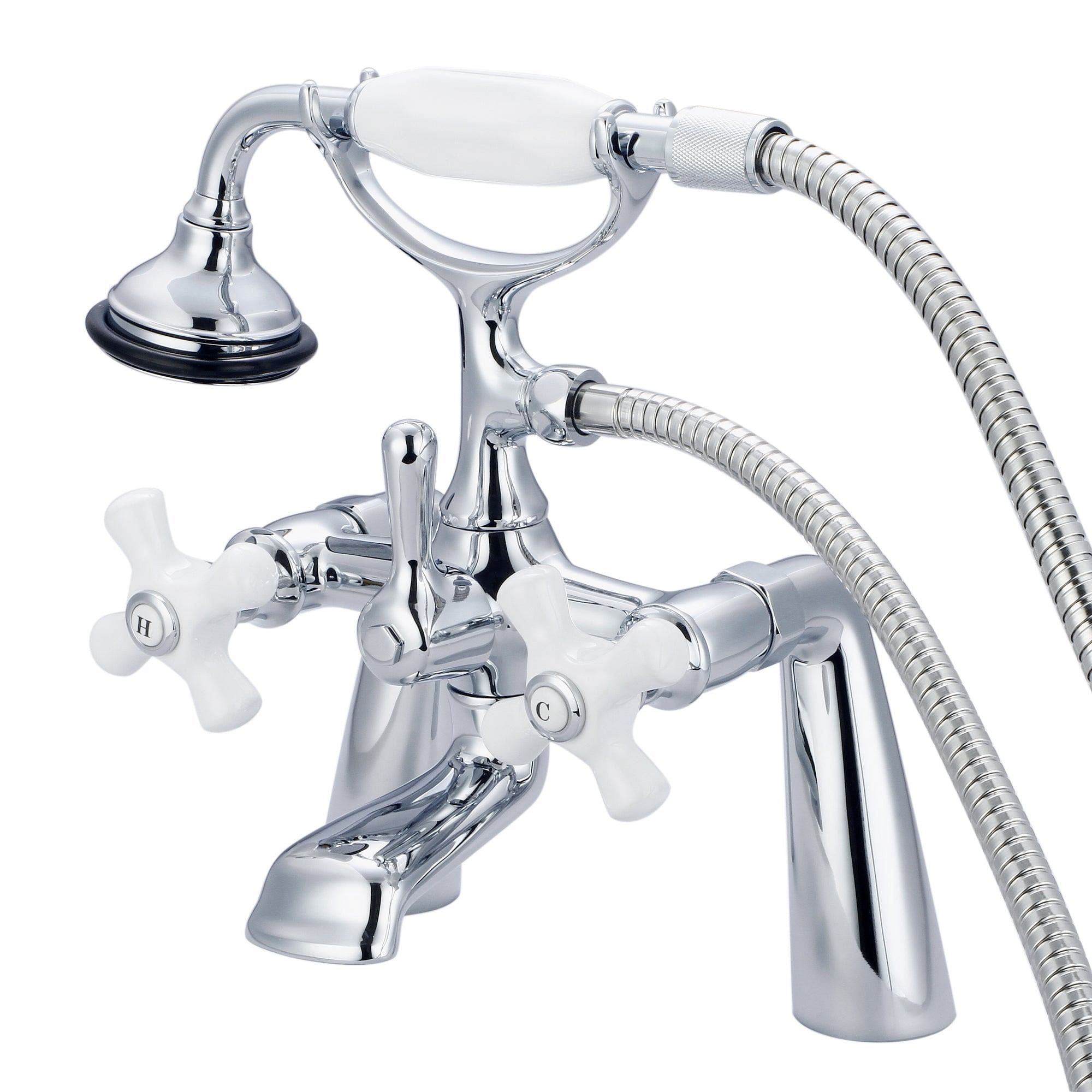 Vintage Classic 7 Inch Spread Deck Mount Tub Faucet With Handheld Shower in Chrome Finish With Porcelain Cross Handles, Hot And Cold Labels Included