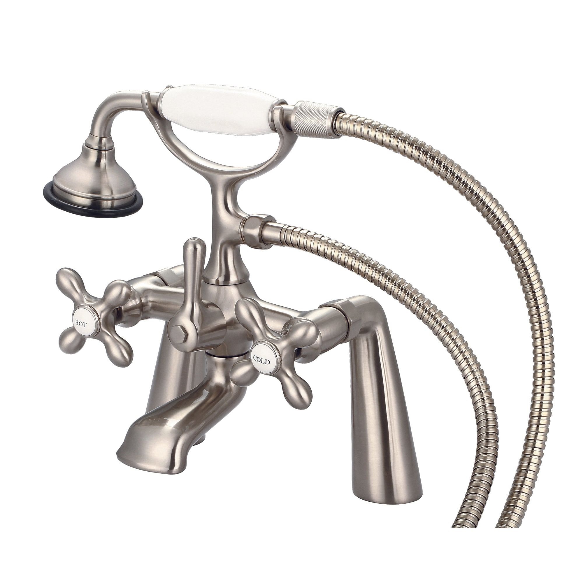 Vintage Classic 7 Inch Spread Deck Mount Tub Faucet With Handheld Shower in Brushed Nickel Finish With Metal Lever Handles, Hot And Cold Labels Included