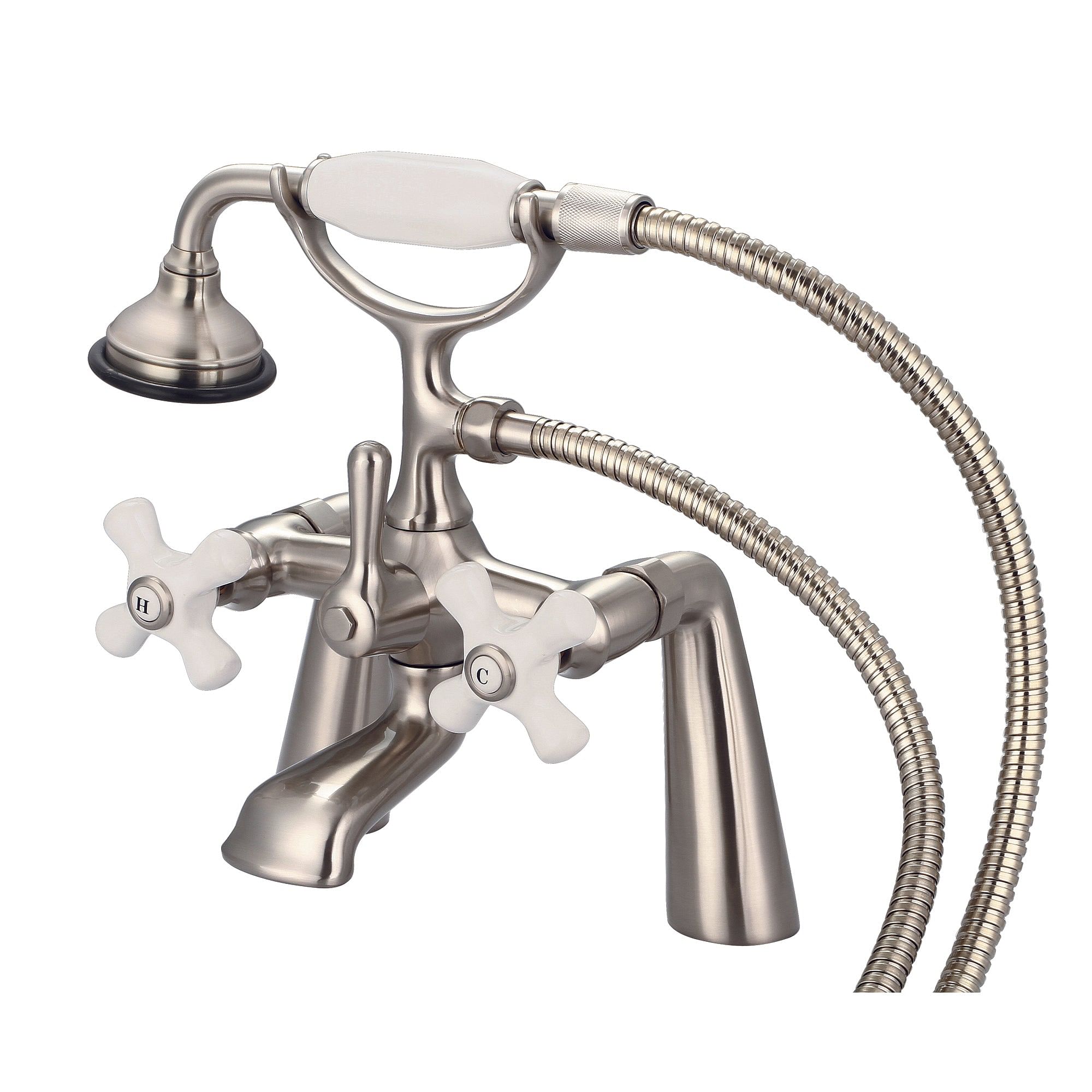 Vintage Classic 7 Inch Spread Deck Mount Tub Faucet With Handheld Shower in Brushed Nickel Finish With Porcelain Cross Handles, Hot And Cold Labels Included