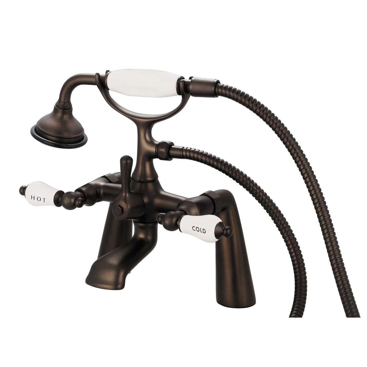 Vintage Classic 7 Inch Spread Deck Mount Tub Faucet With Handheld Shower in Oil-rubbed Bronze Finish Finish With Porcelain Lever Handles, Hot And Cold Labels Included