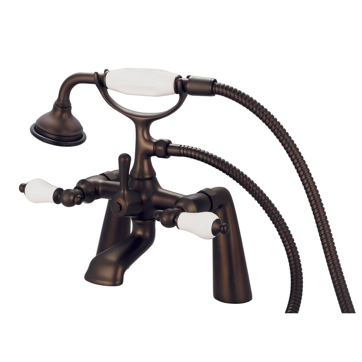 Vintage Classic 7 Inch Spread Deck Mount Tub Faucet With Handheld Shower in Oil-rubbed Bronze Finish Finish With Porcelain Lever Handles Without labels