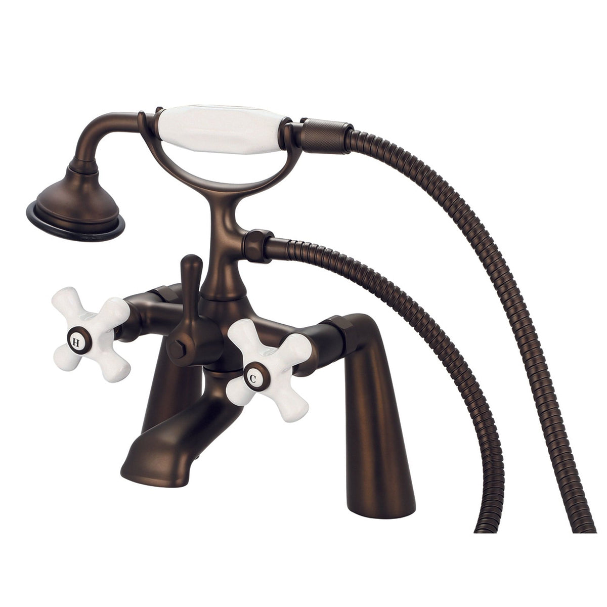 Vintage Classic 7 Inch Spread Deck Mount Tub Faucet With Handheld Shower in Oil-rubbed Bronze Finish Finish With Porcelain Cross Handles, Hot And Cold Labels Included