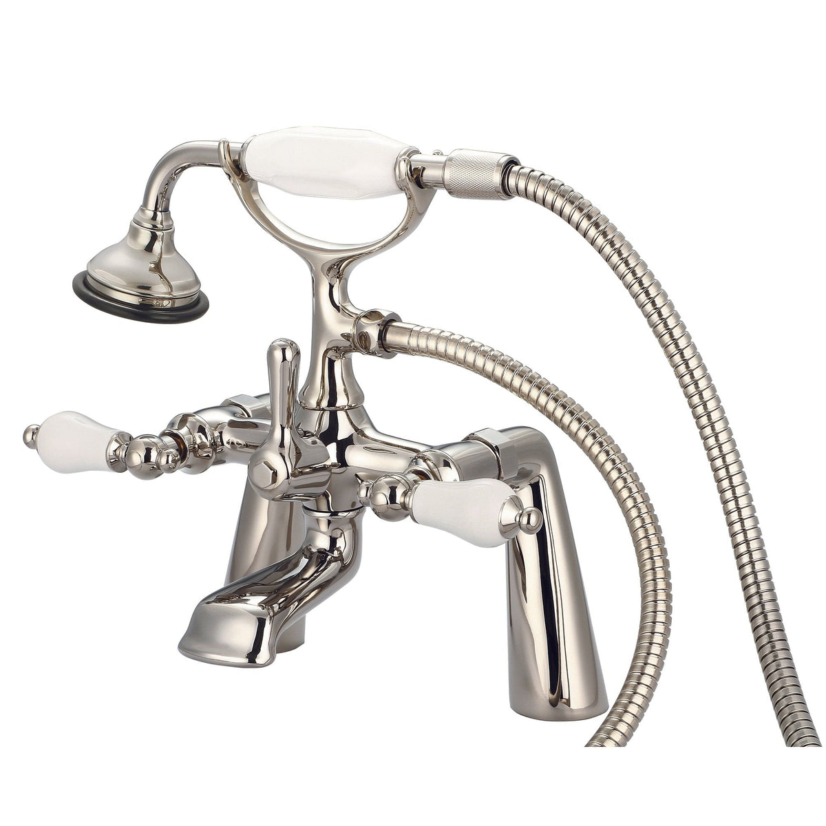 Vintage Classic 7 Inch Spread Deck Mount Tub Faucet With Handheld Shower in Polished Nickel (PVD) Finish With Porcelain Lever Handles Without labels