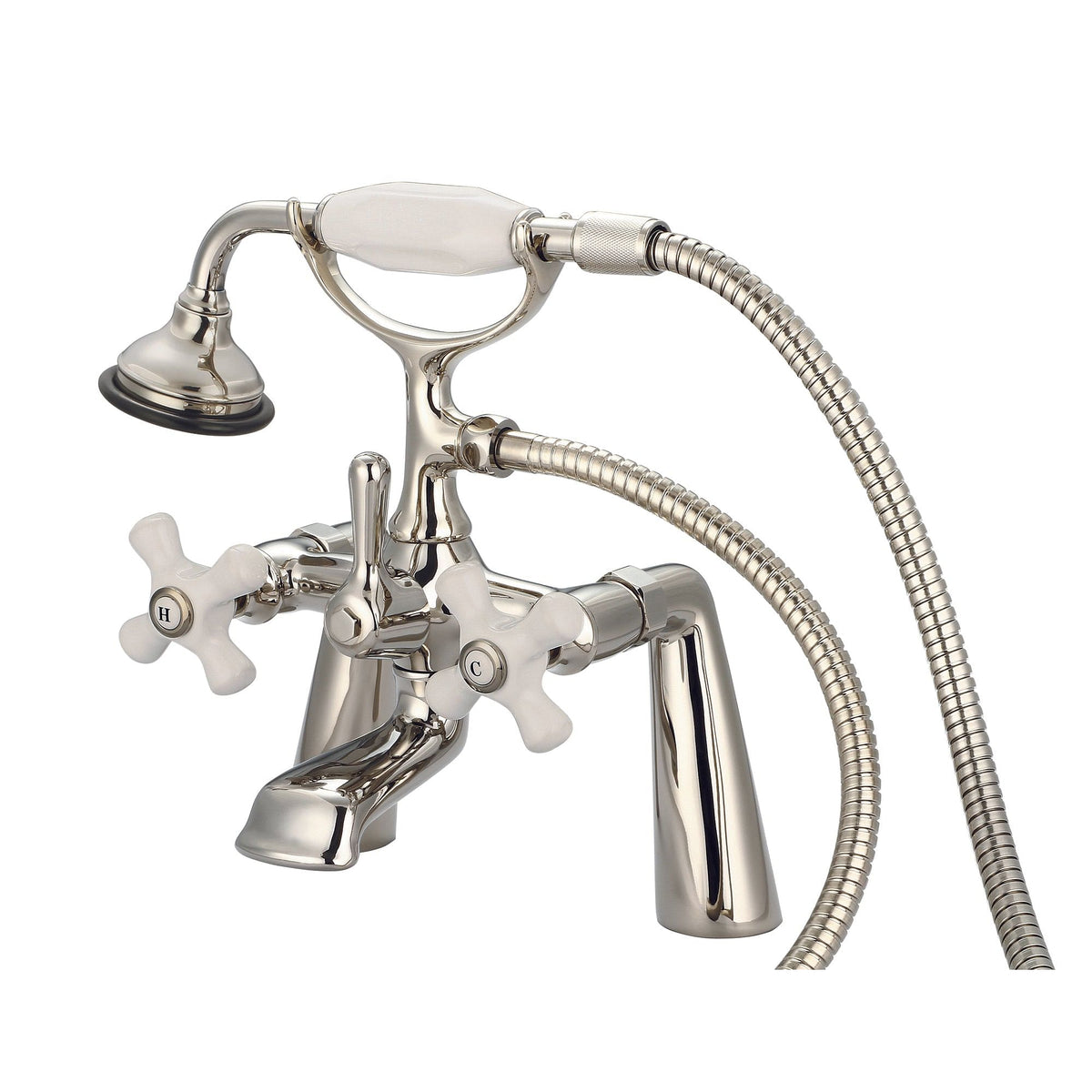 Vintage Classic 7 Inch Spread Deck Mount Tub Faucet With Handheld Shower in Polished Nickel (PVD) Finish With Porcelain Cross Handles, Hot And Cold Labels Included