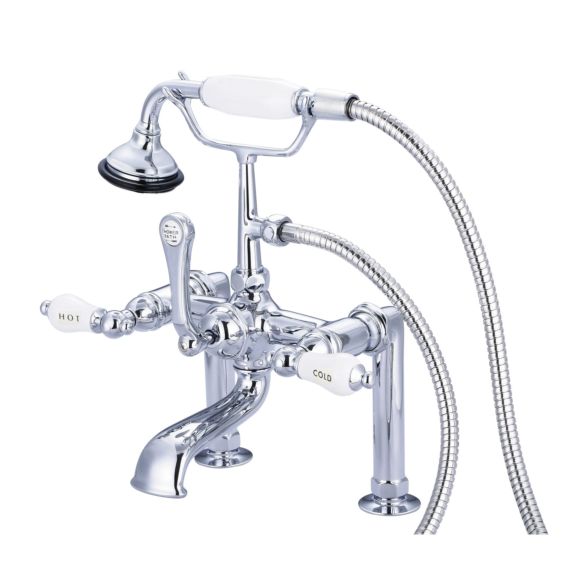 Vintage Classic 7 Inch Spread Deck Mount Tub Faucet With 6 Inch Risers & Handheld Shower in Chrome Finish With Porcelain Lever Handles, Hot And Cold Labels Included