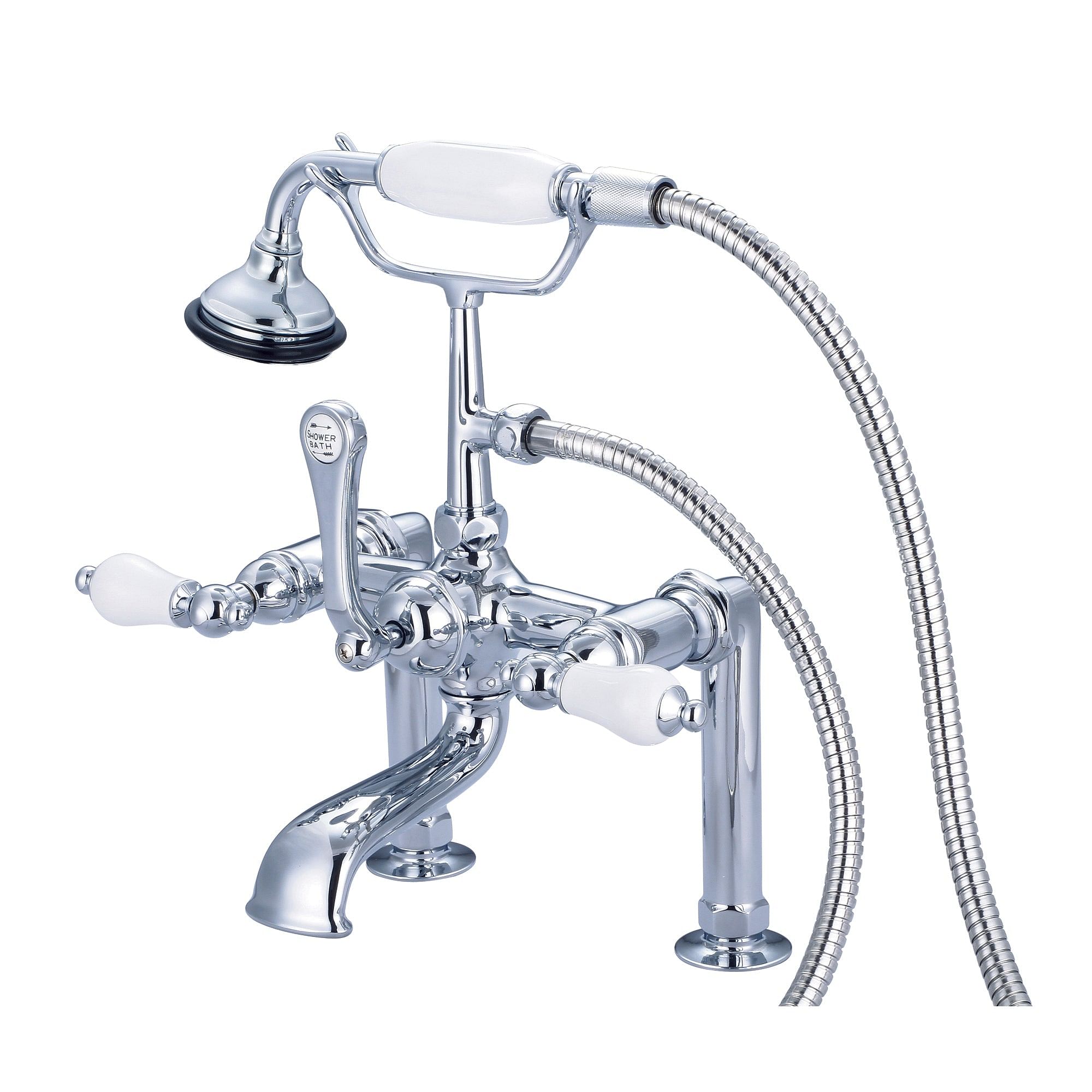 Vintage Classic 7 Inch Spread Deck Mount Tub Faucet With 6 Inch Risers & Handheld Shower in Chrome Finish With Porcelain Lever Handles Without labels