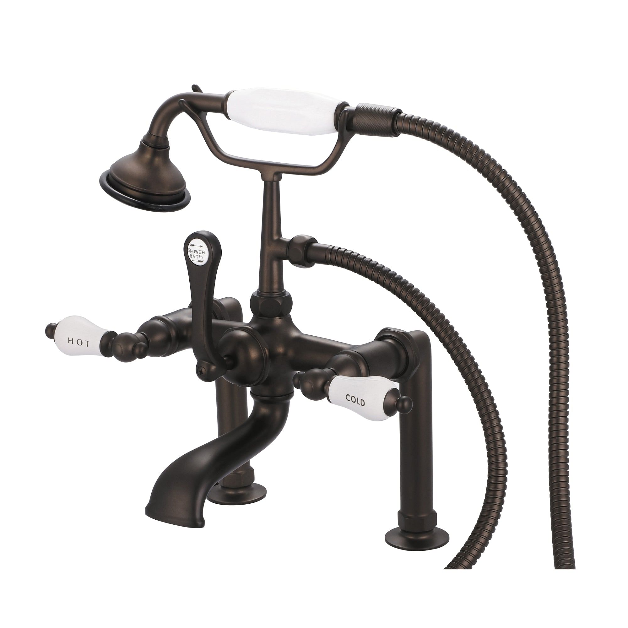 Vintage Classic 7 Inch Spread Deck Mount Tub Faucet With 6 Inch Risers & Handheld Shower in Oil-rubbed Bronze Finish Finish With Porcelain Lever Handles, Hot And Cold Labels Included