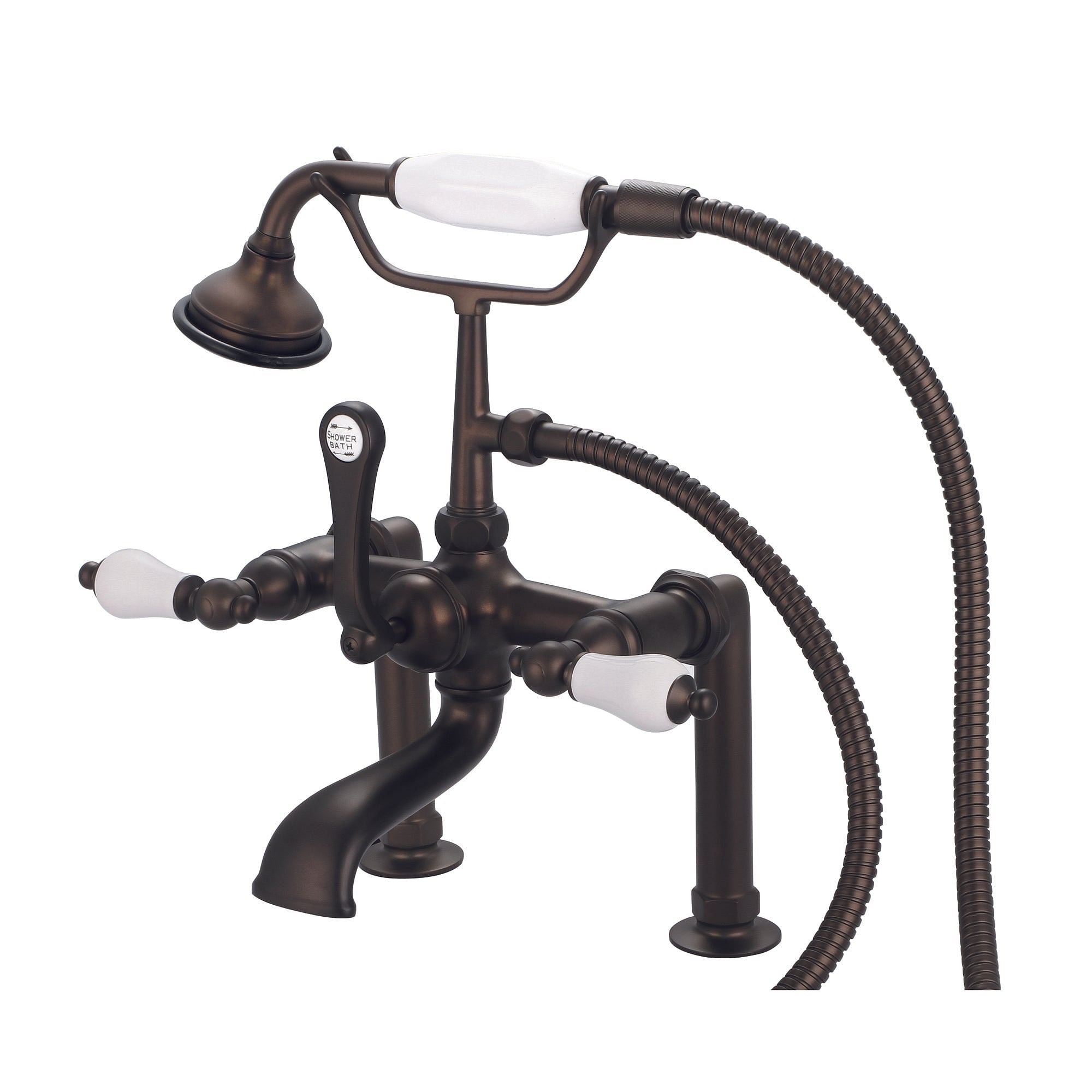 Vintage Classic 7 Inch Spread Deck Mount Tub Faucet With 6 Inch Risers & Handheld Shower in Oil-rubbed Bronze Finish Finish With Porcelain Lever Handles Without labels