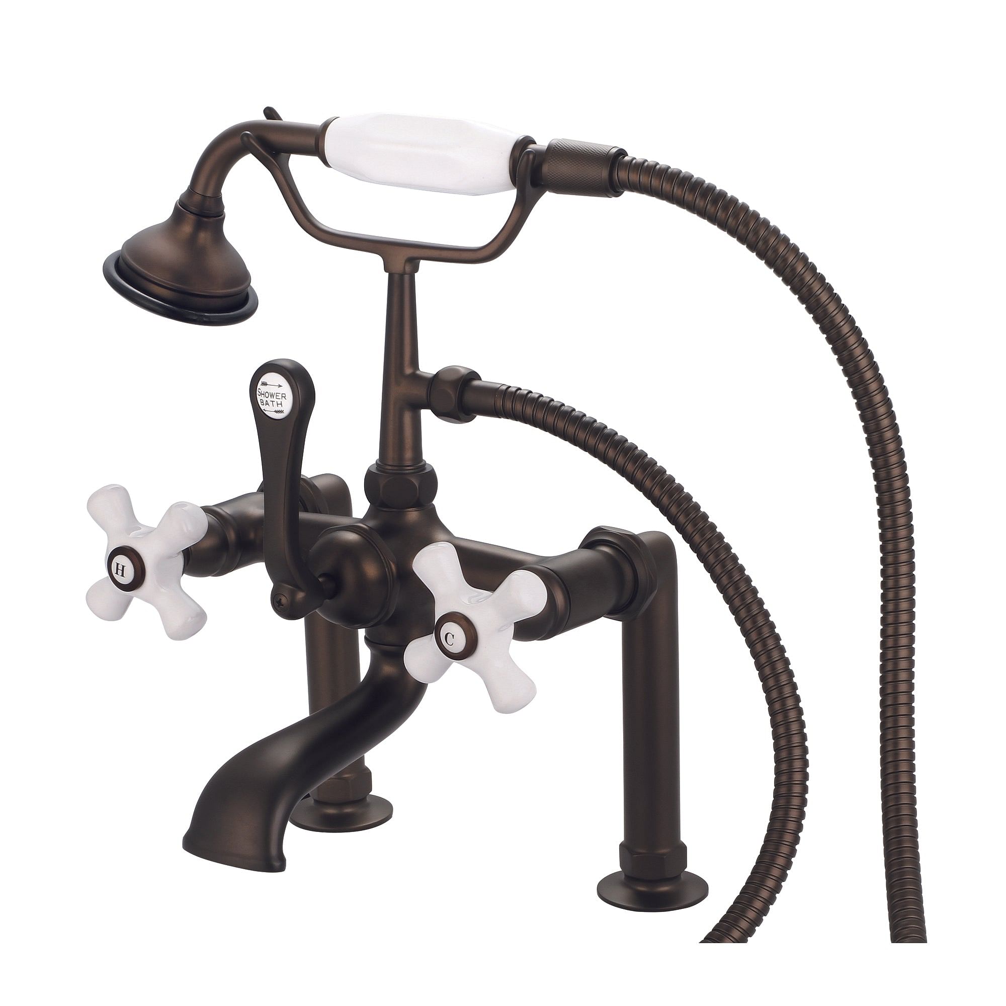 Vintage Classic 7 Inch Spread Deck Mount Tub Faucet With 6 Inch Risers & Handheld Shower in Oil-rubbed Bronze Finish Finish With Porcelain Cross Handles, Hot And Cold Labels Included