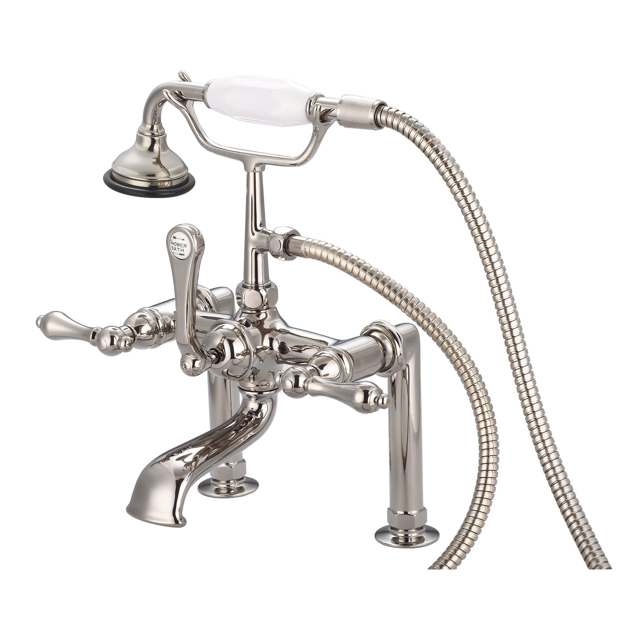 Vintage Classic 7 Inch Spread Deck Mount Tub Faucet With 6 Inch Risers & Handheld Shower in Polished Nickel (PVD) Finish With Metal Lever Handles Without Labels