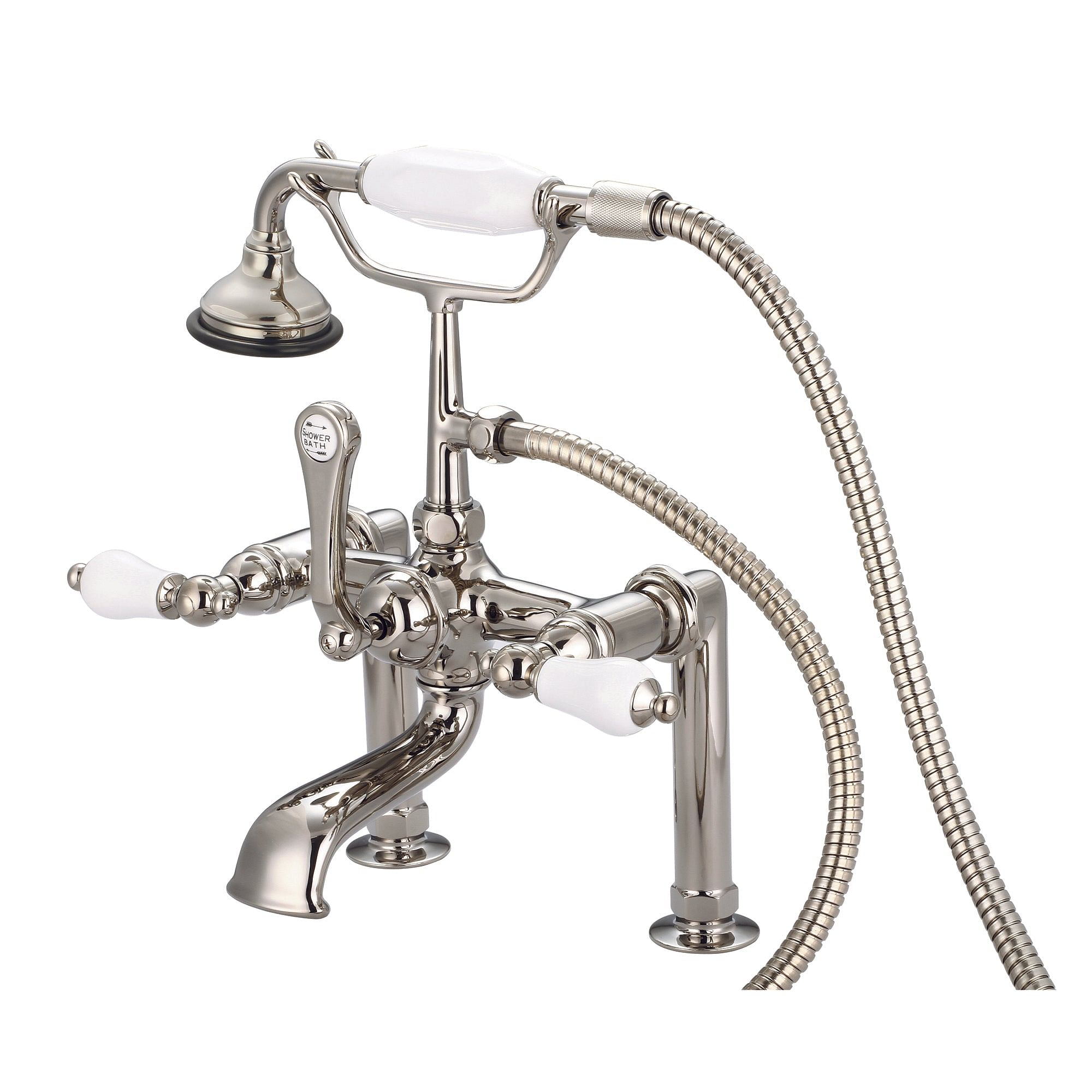 Vintage Classic 7 Inch Spread Deck Mount Tub Faucet With 6 Inch Risers & Handheld Shower in Polished Nickel (PVD) Finish With Porcelain Lever Handles Without labels