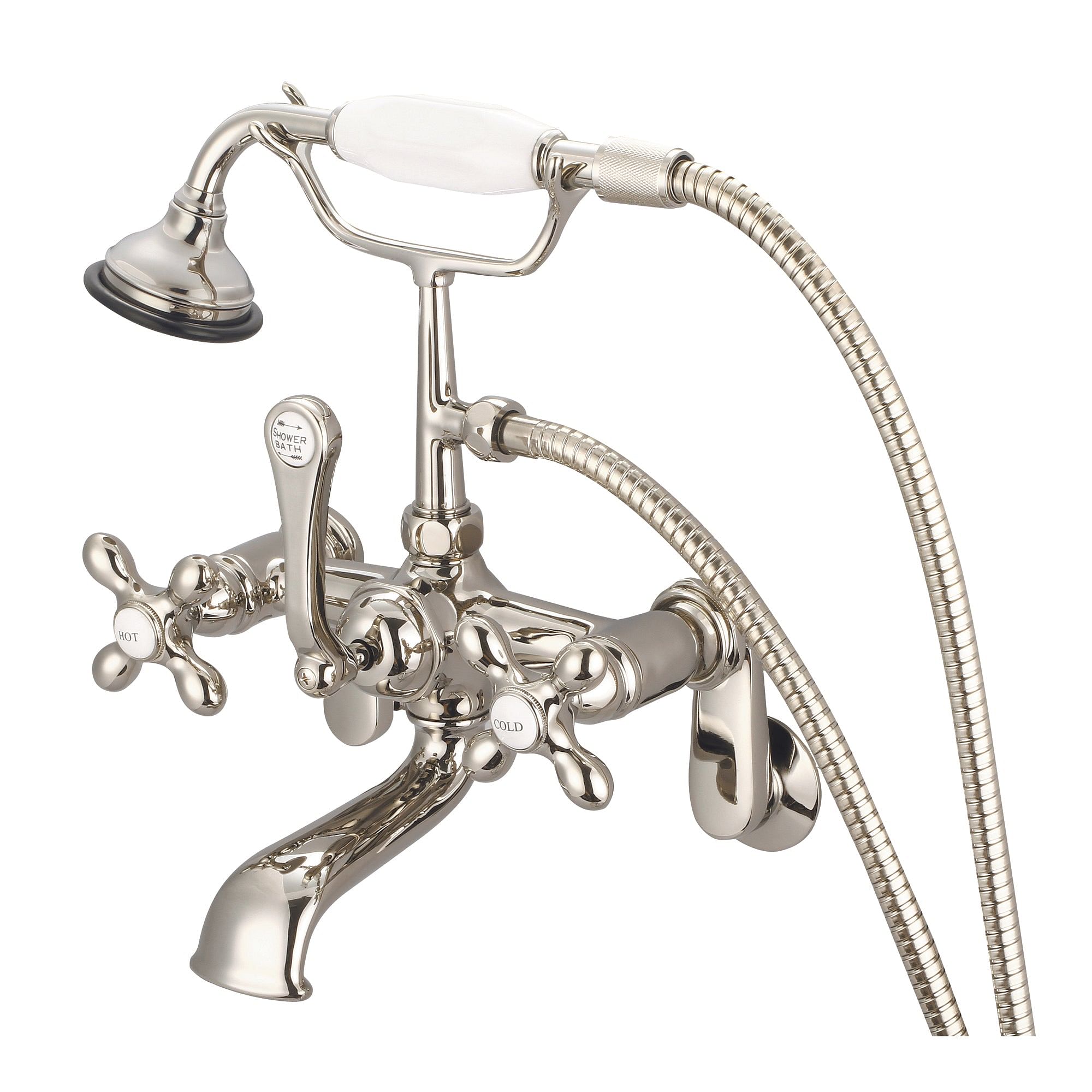 Vintage Classic Adjustable Center Wall Mount Tub Faucet With Swivel Wall Connector & Handheld Shower in Polished Nickel (PVD) Finish With Metal Lever Handles, Hot And Cold Labels Included