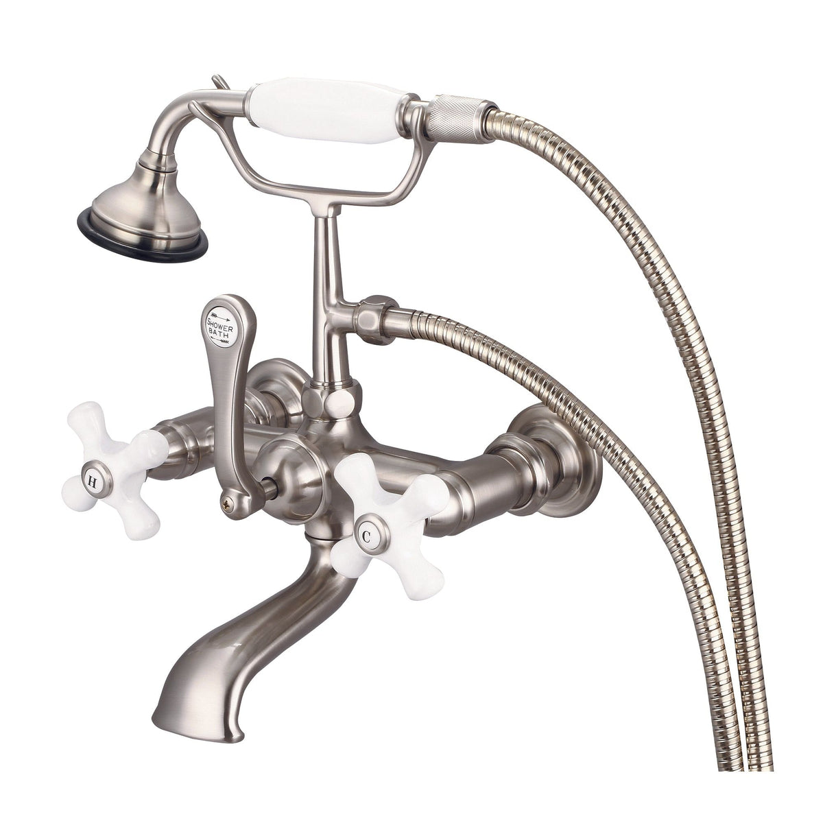 Vintage Classic 7 Inch Spread Wall Mount Tub Faucet With Straight Wall Connector & Handheld Shower in Brushed Nickel Finish With Porcelain Cross Handles, Hot And Cold Labels Included