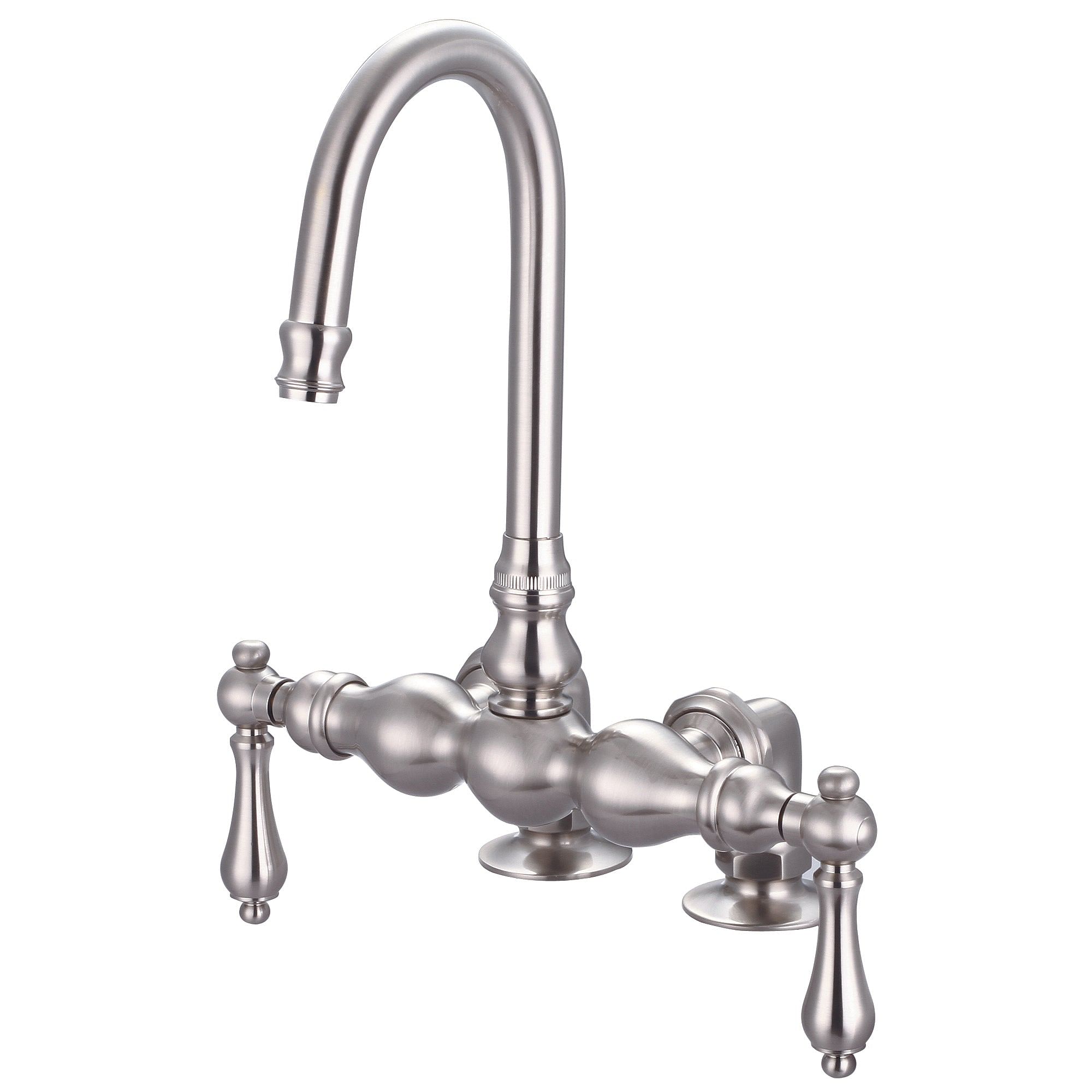Vintage Classic 3.375 Inch Center Deck Mount Tub Faucet With Gooseneck Spout & 2 Inch Risers in Brushed Nickel Finish With Metal Lever Handles Without Labels
