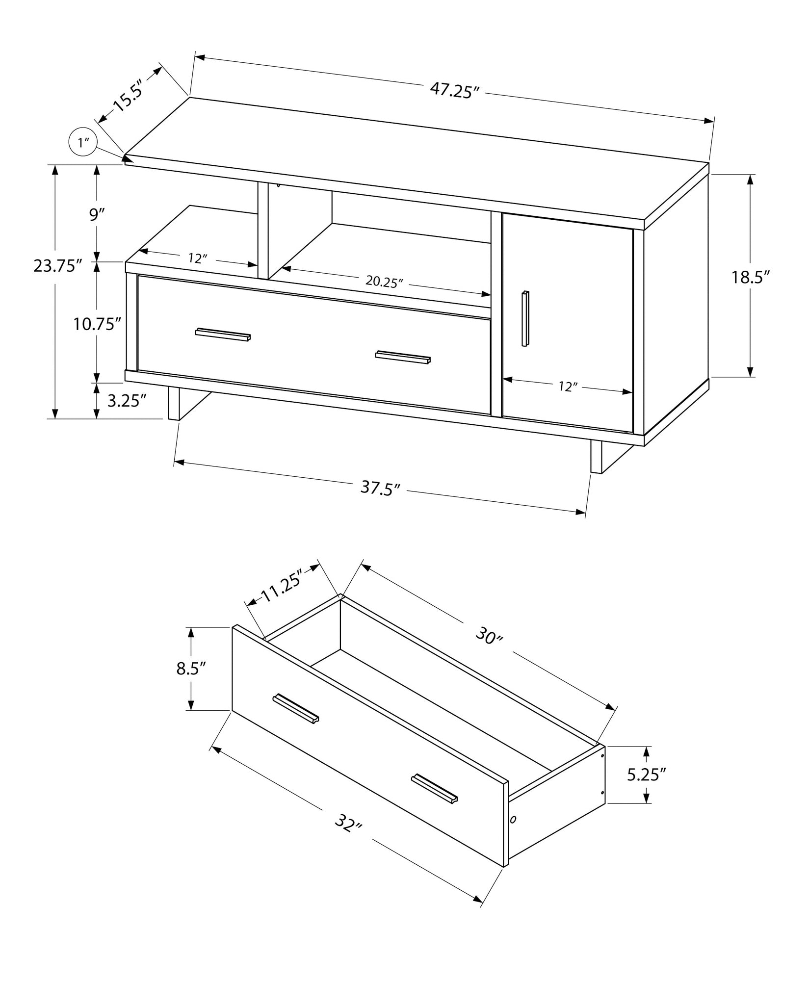 Tv Stand - 48L / Black / Grey Top With Storage