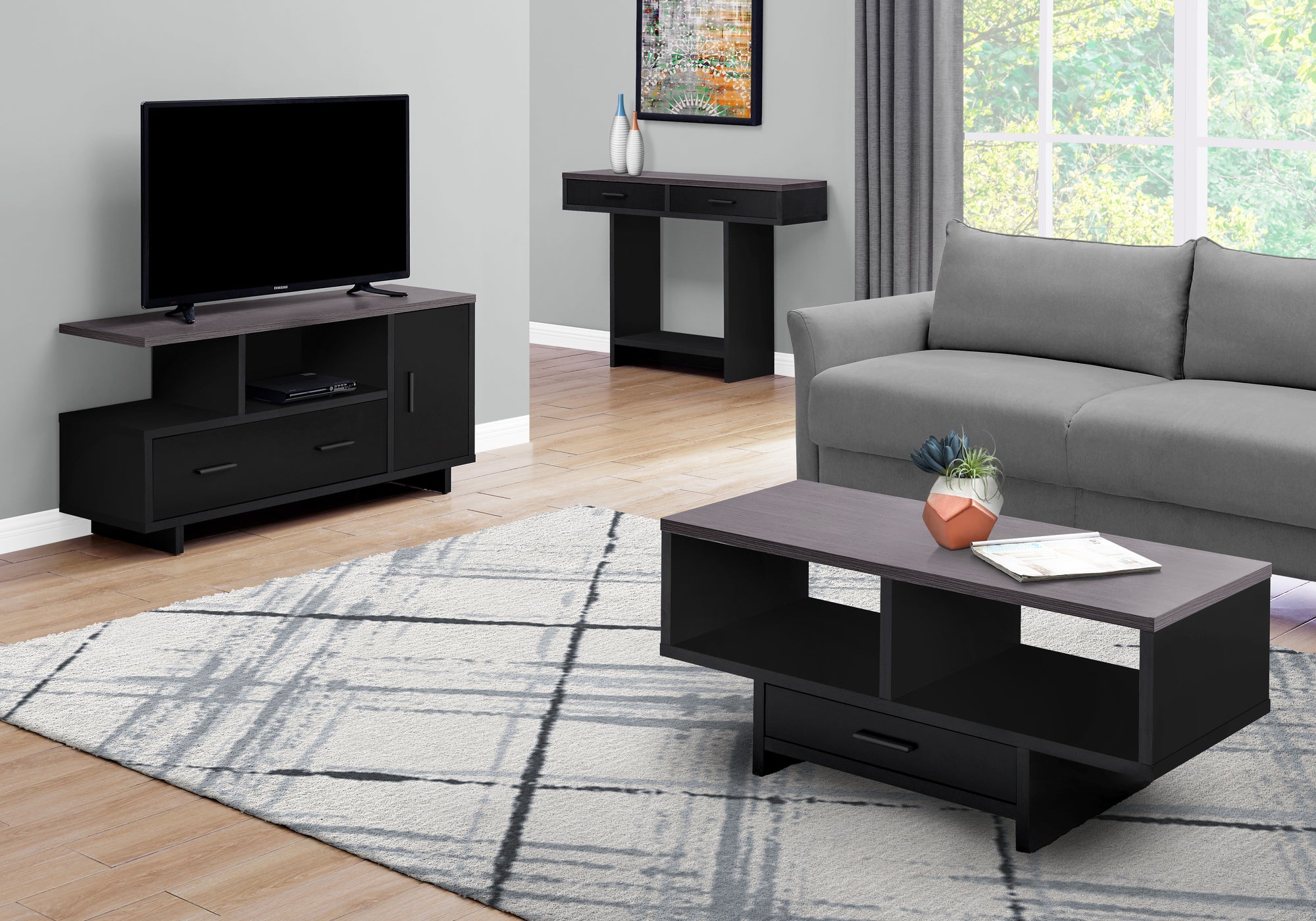 Tv Stand - 48L / Black / Grey Top With Storage