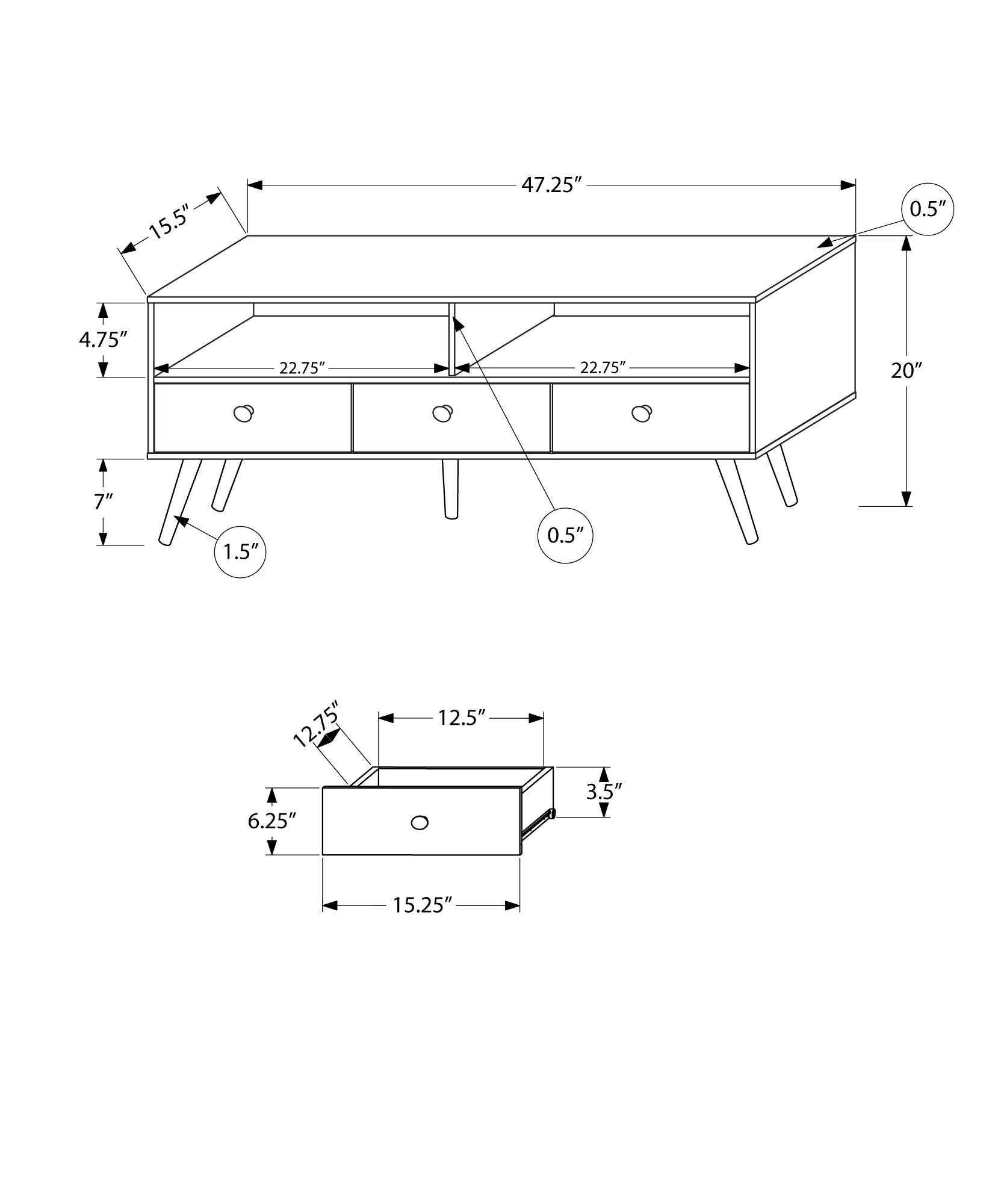 Tv Stand - 48L / Walnut Mid-Century With 3 Drawers
