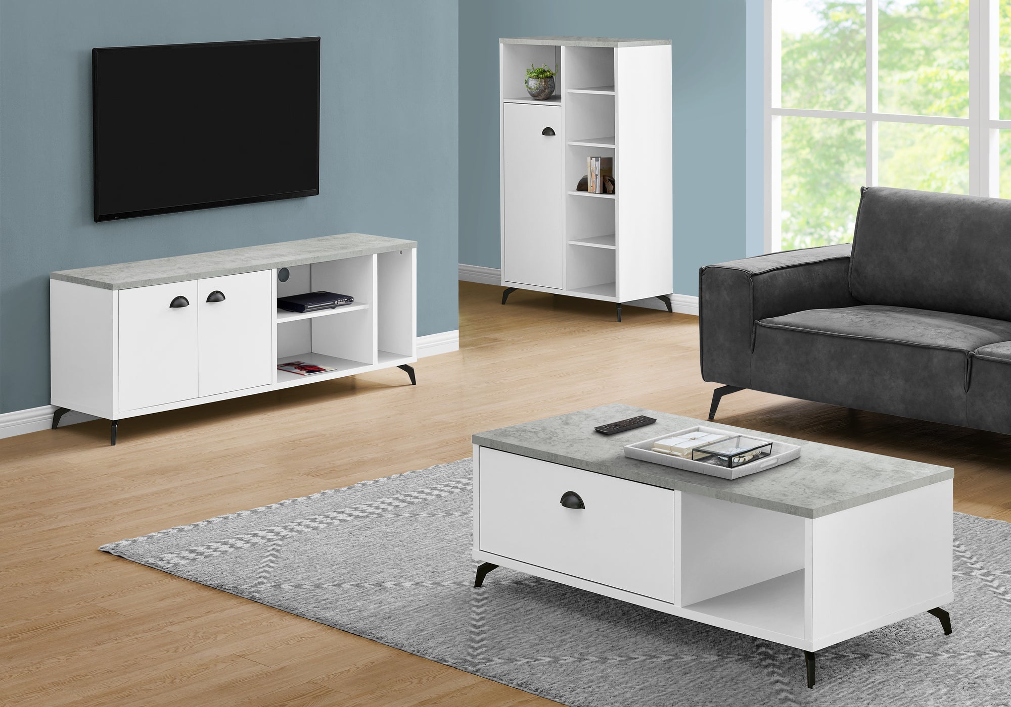 Tv Stand - 60L / White / Grey Cement-Look Top