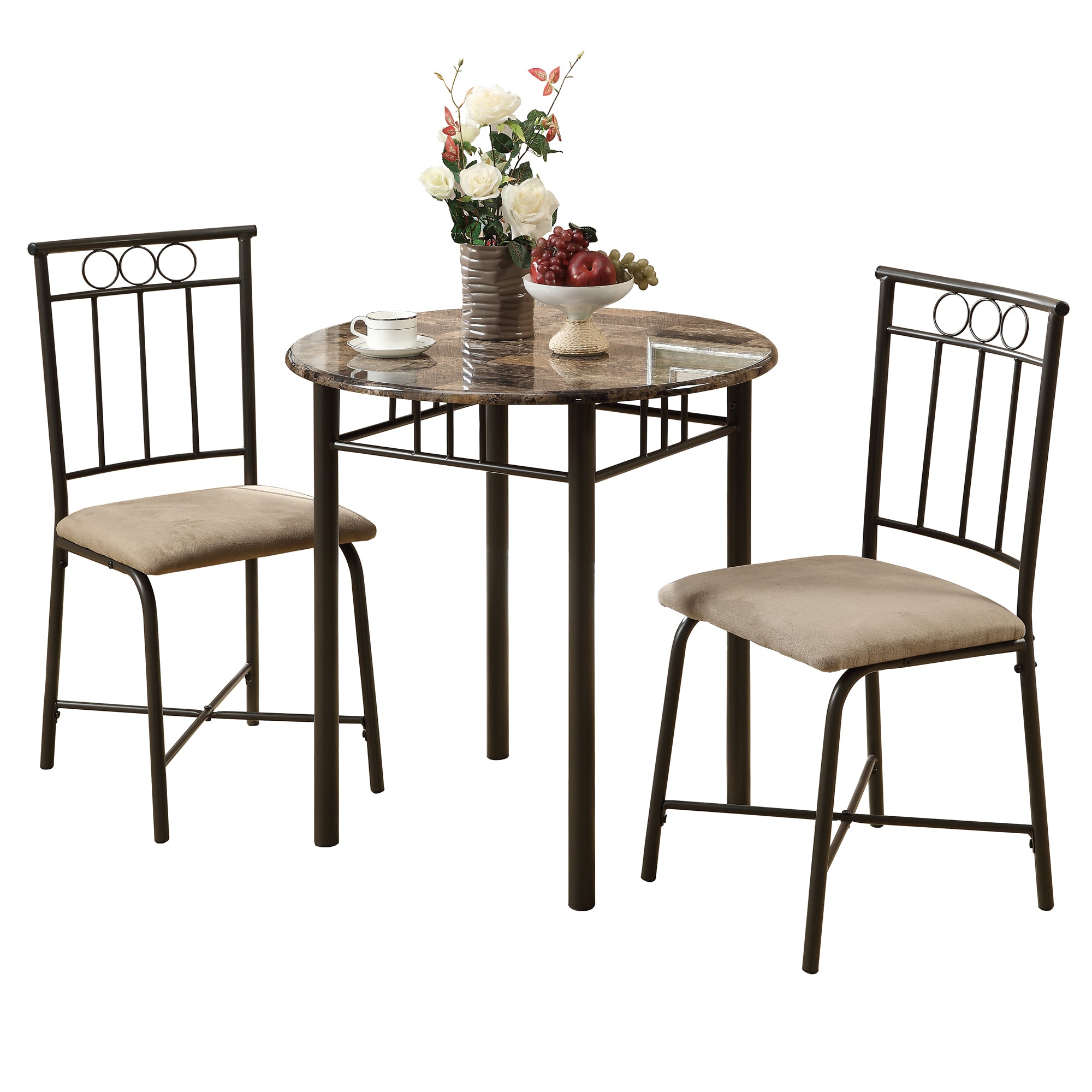 Dining Set - 3Pcs Set / Espresso Marble / Bronze Metal