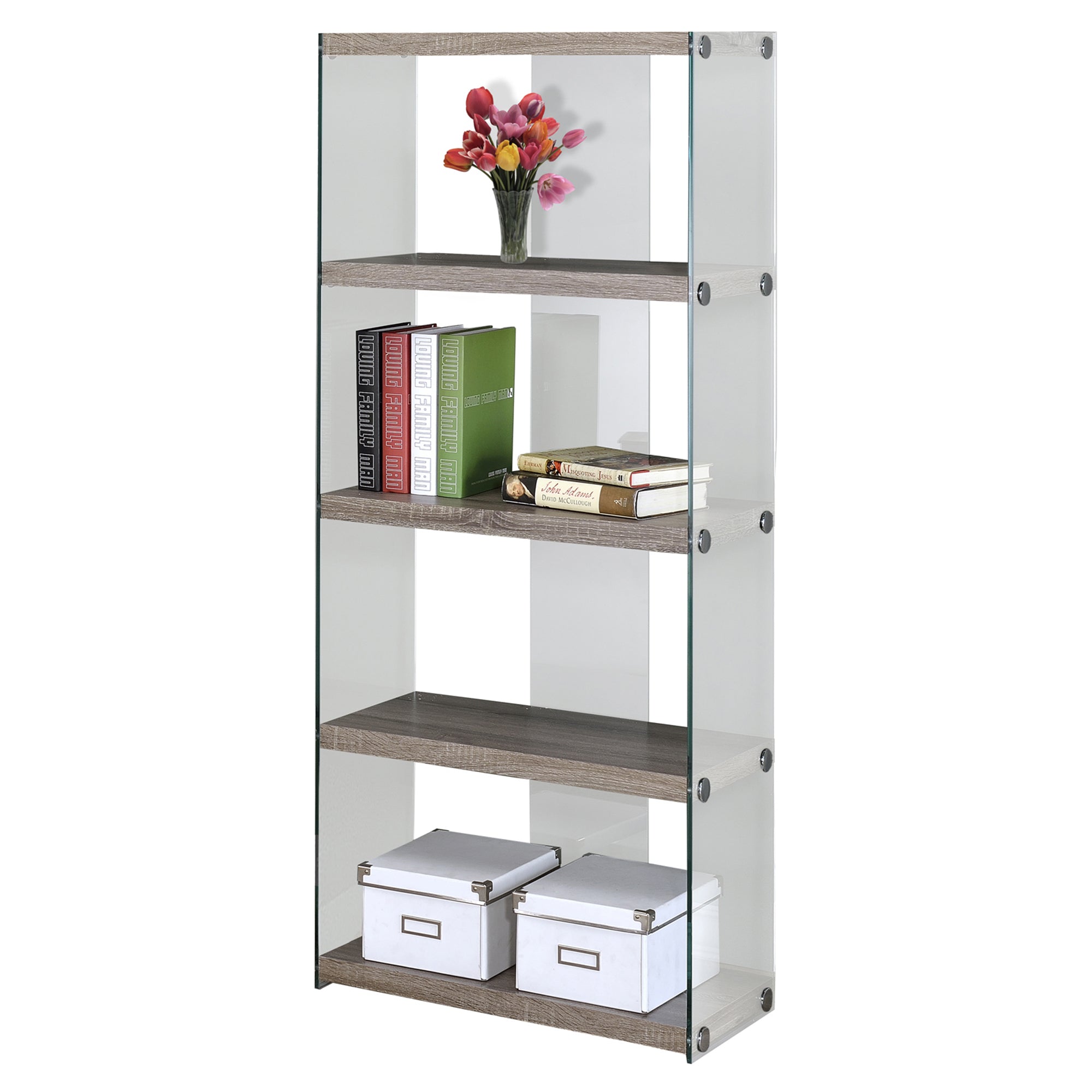 Bookcase - 60H / Dark Taupe With Tempered Glass