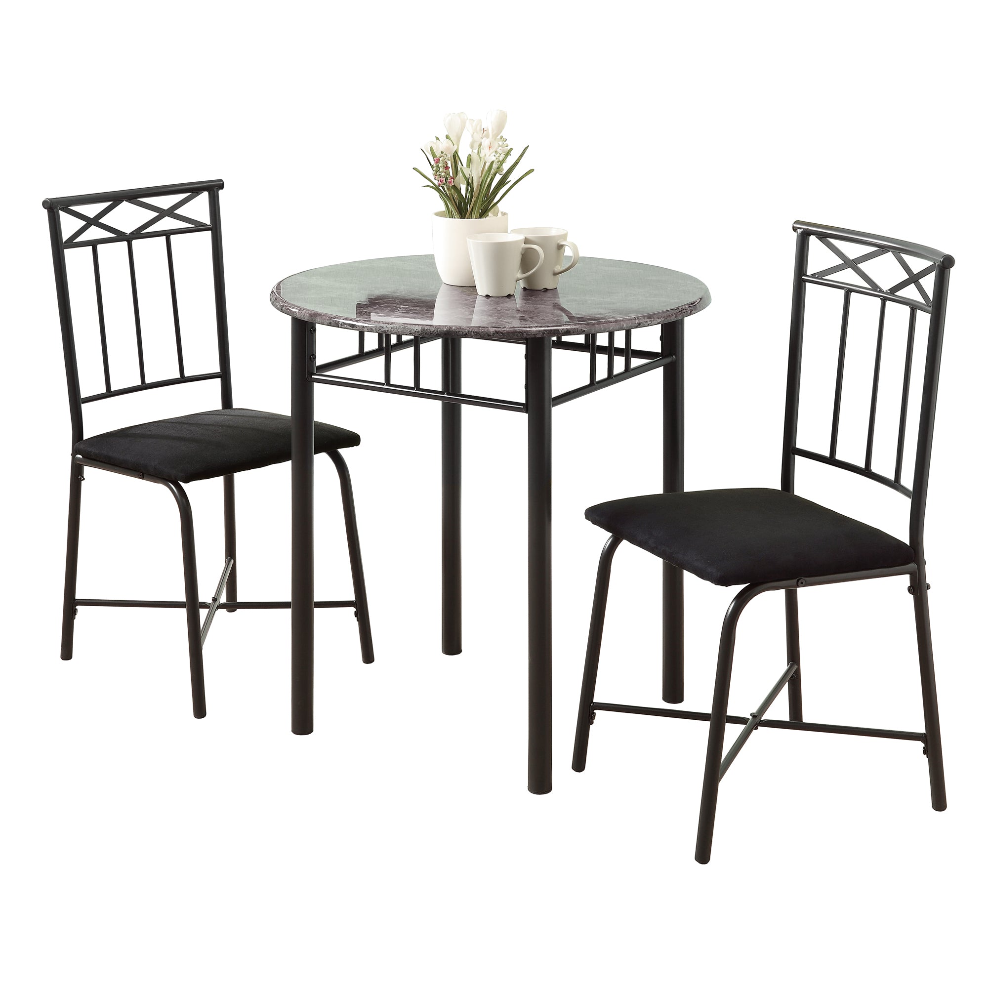 Dining Set - 3Pcs Set / Grey Marble / Charcoal Metal