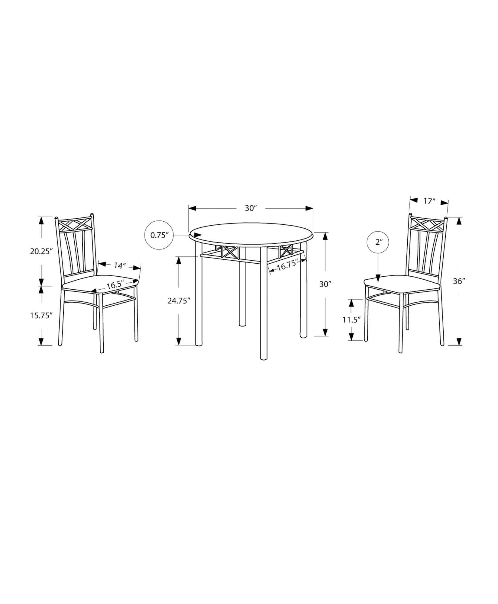 Dining Set - 3Pcs Set / Espresso / Silver Metal