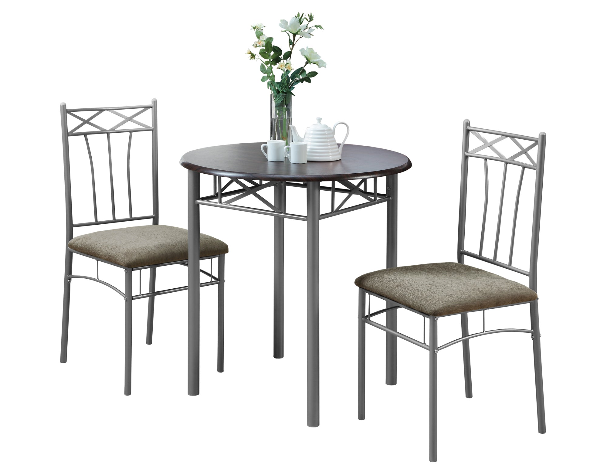 Dining Set - 3Pcs Set / Espresso / Silver Metal