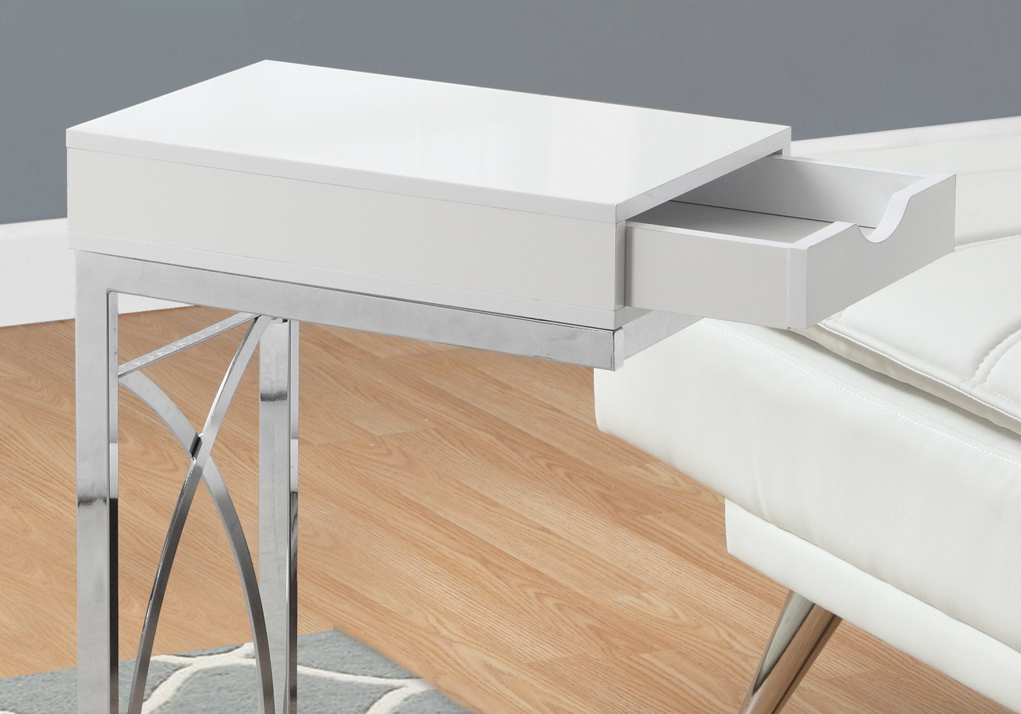 Accent Table - Chrome Metal / Glossy White With A Drawer